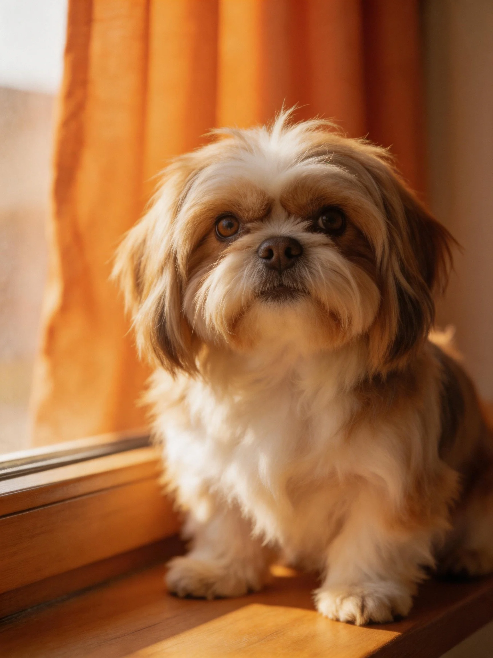 A small brown-and-white dog sits by an orange curtain near a wooden windowsill