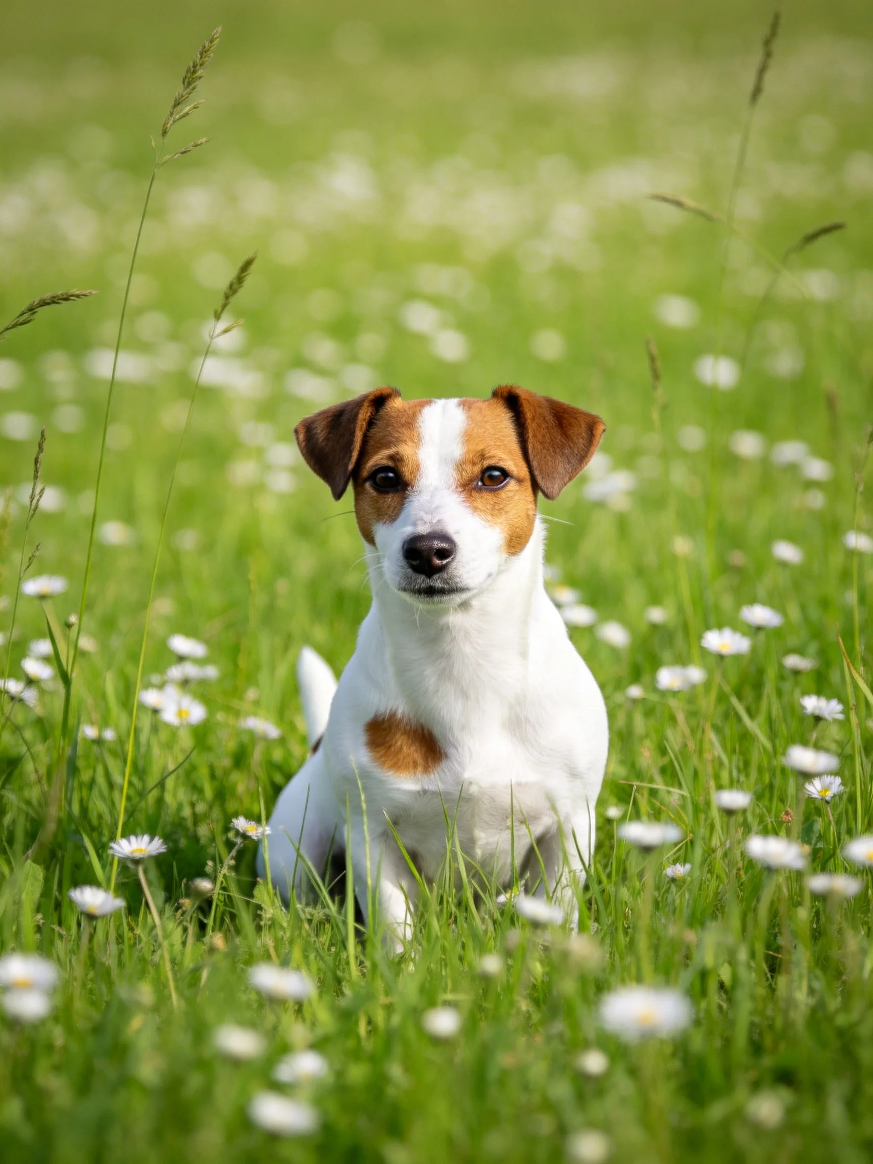 A small dog rests in a vibrant meadow filled with green grass and white flowers.