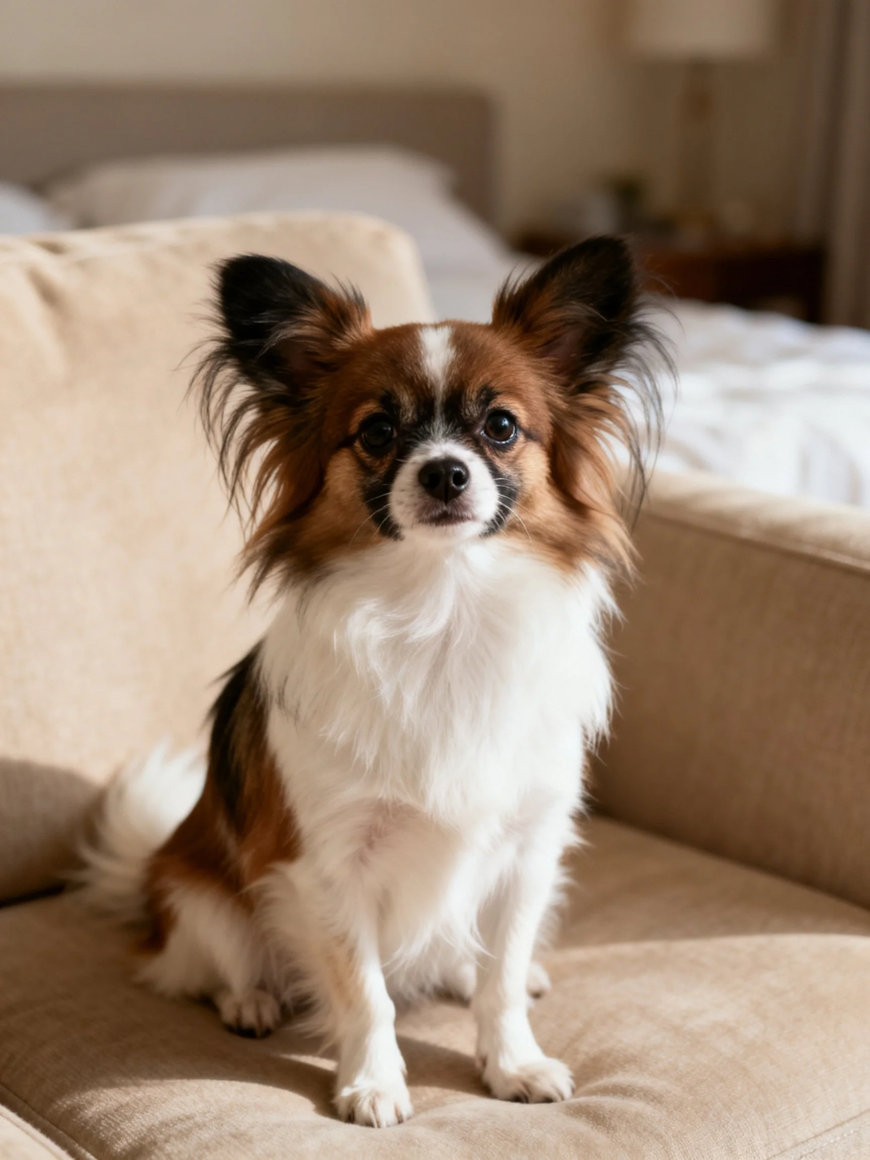 A small dog with brown and white fur rests on a couch in a cozy indoor setting