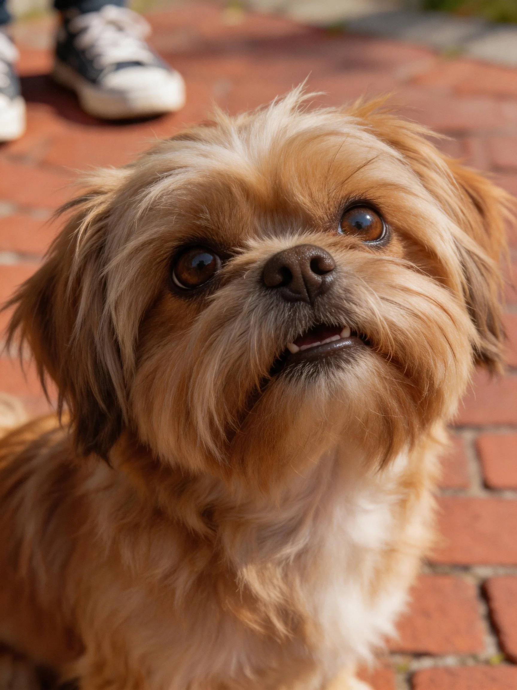 A small brown and white dog sits on a brick path near shoes.