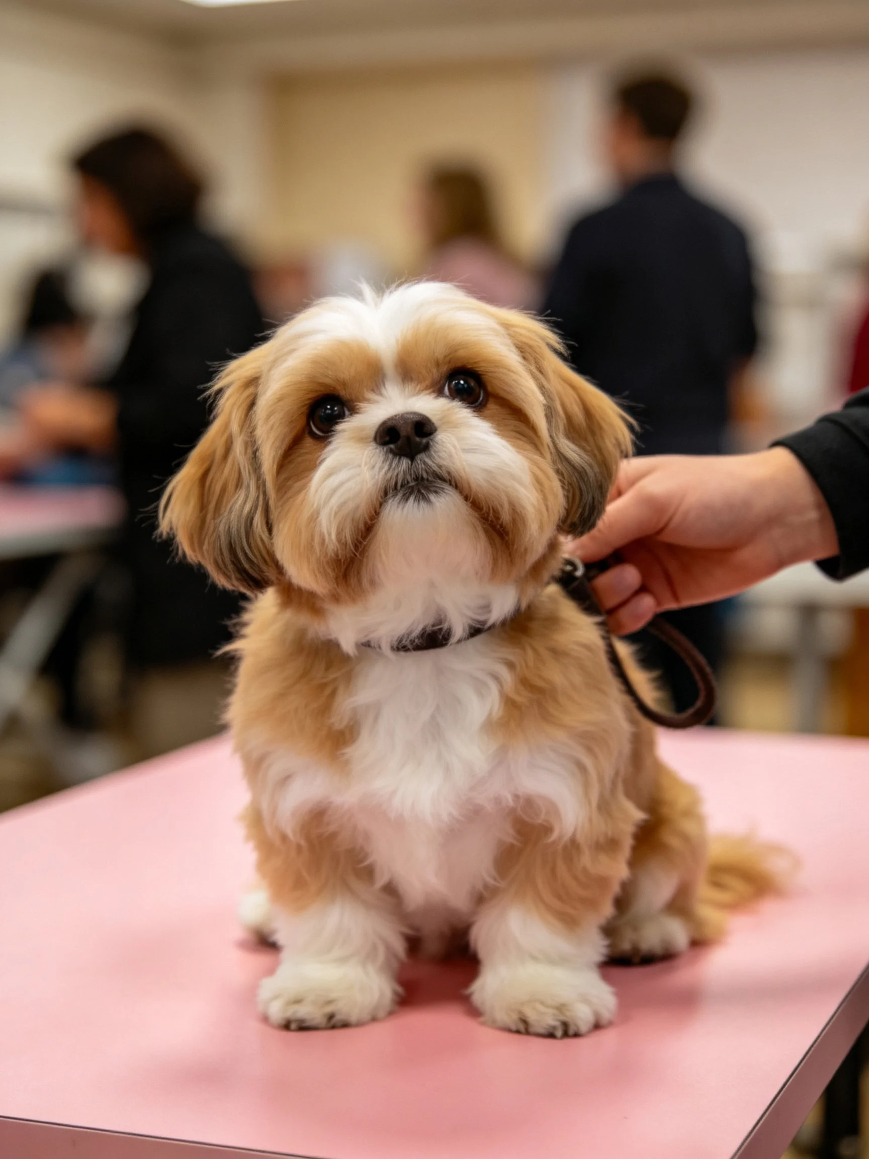 A small brown and white dog sits calmly as a hand holds its leash in an indoor space.