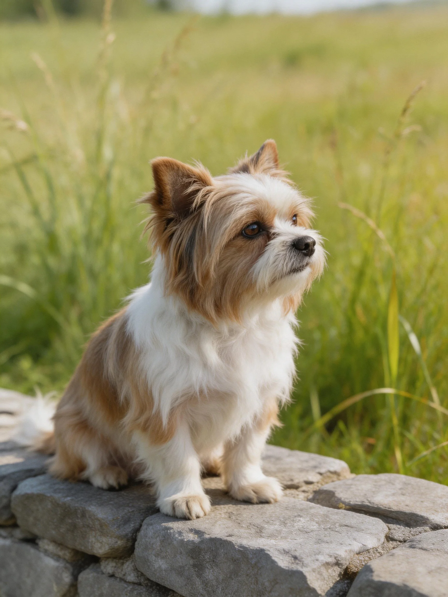 A small brown and white dog sits on a stone wall in a grassy outdoor setting.