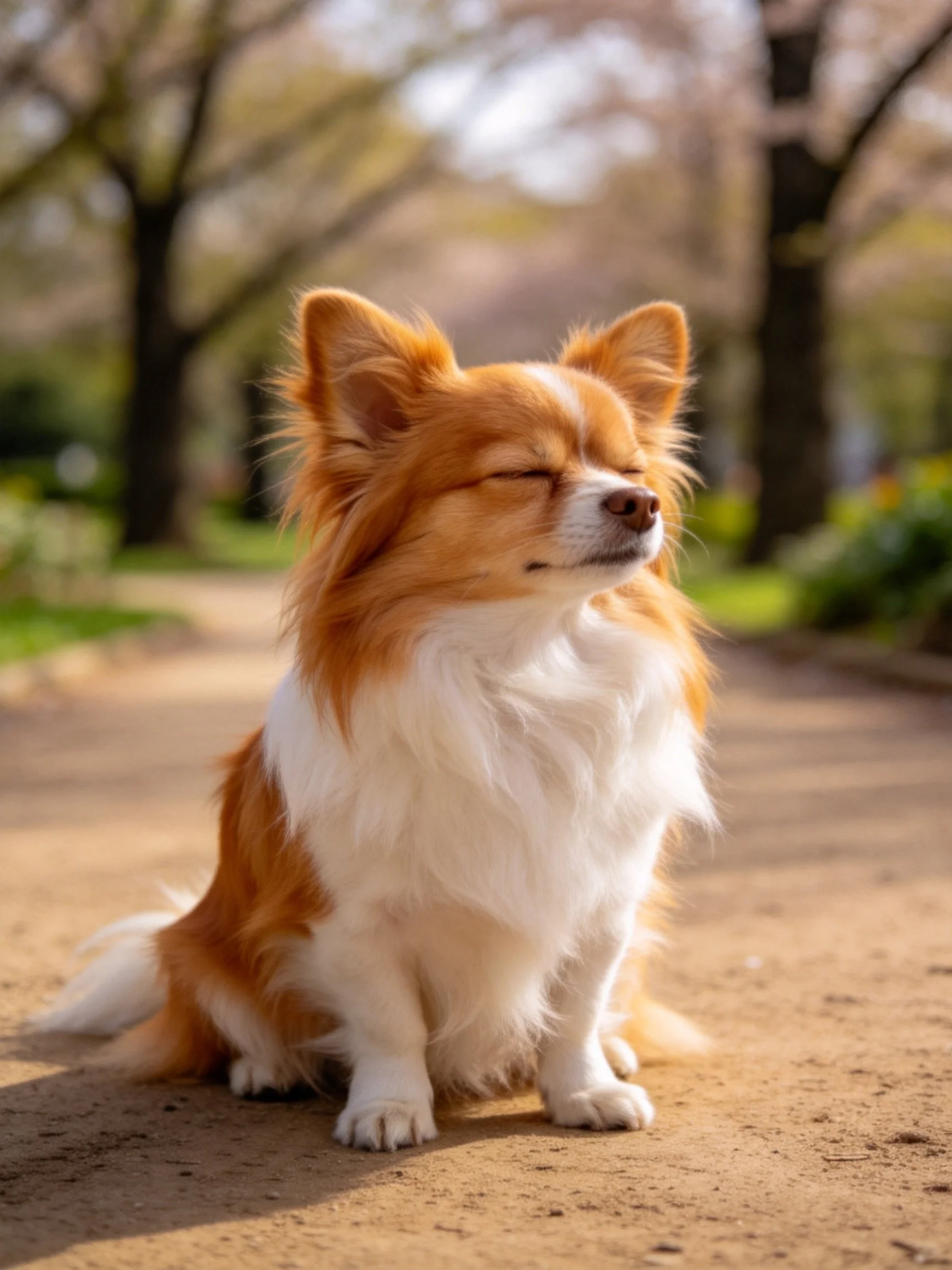 A small brown and white dog sits calmly on a sunlit dirt path in a park.