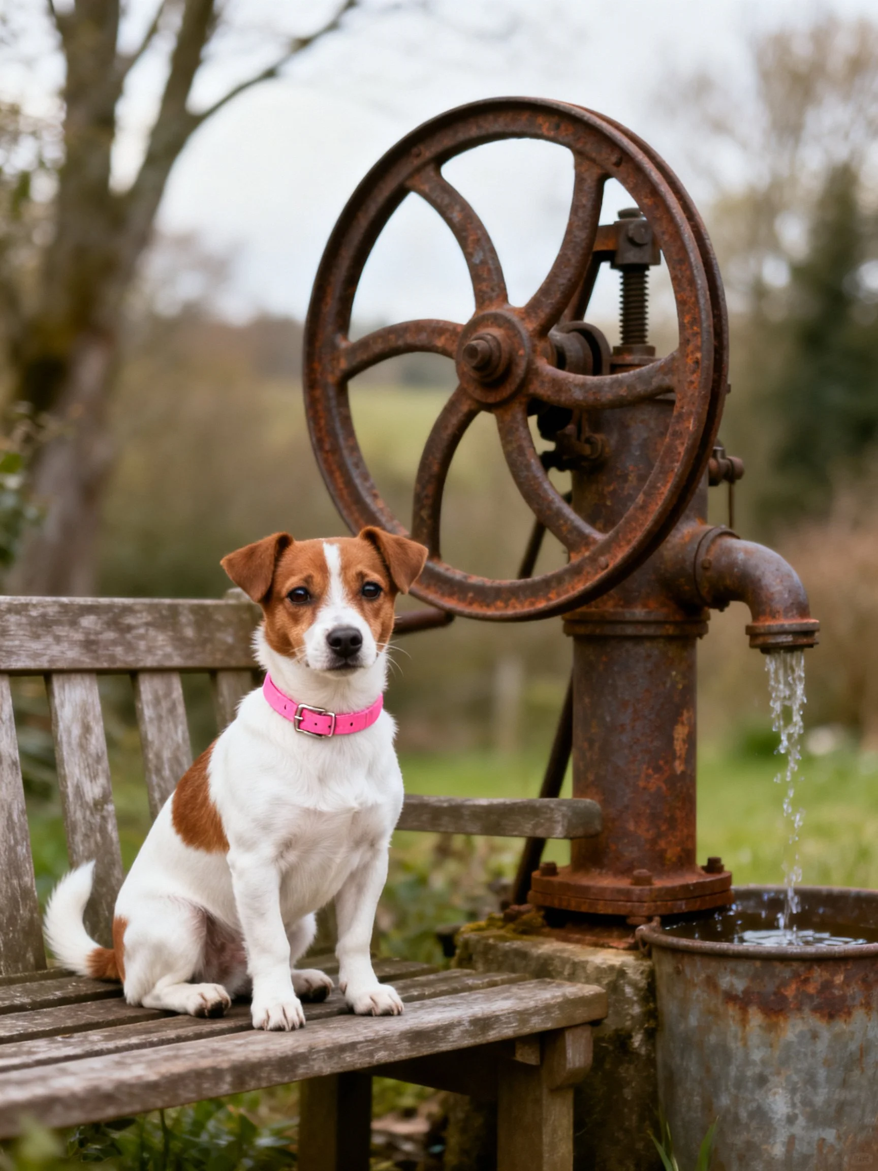 A small brown-and-white dog sits on a wooden bench beside a rusted water pump