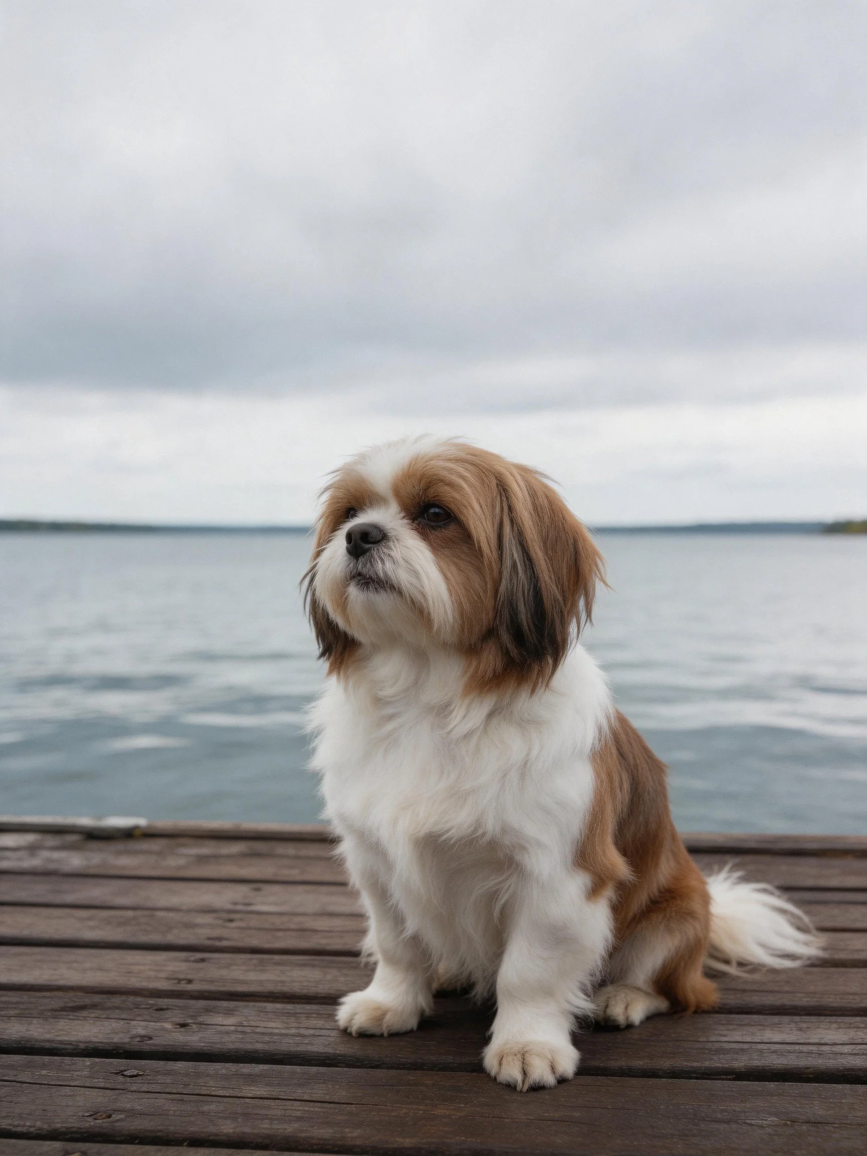 A small brown-and-white dog sits calmly on a wooden dock near a body of water.
