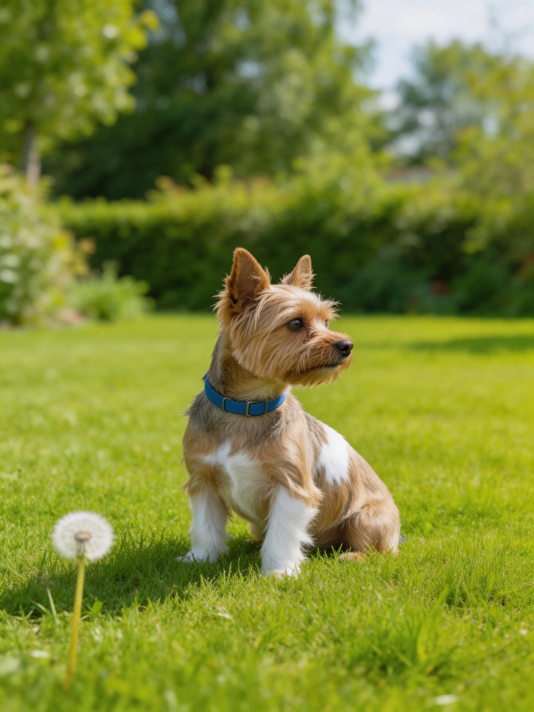 A small dog sits on grass near a dandelion in a sunny garden.
