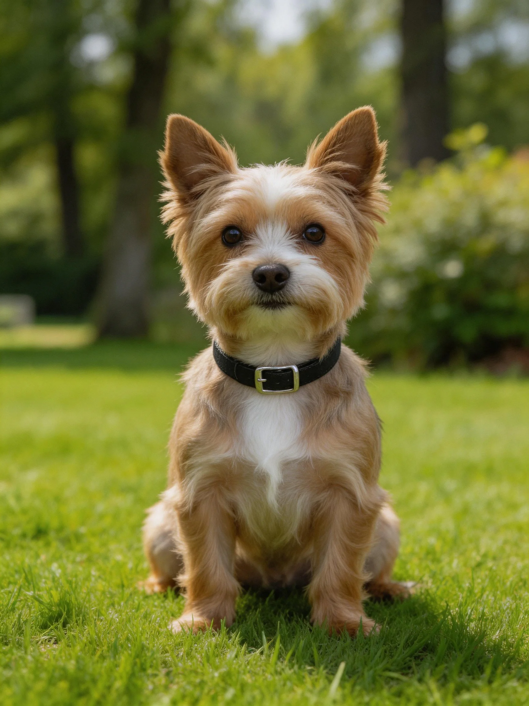 A small brown and white dog sits calmly on green grass in a sunny outdoor setting.
