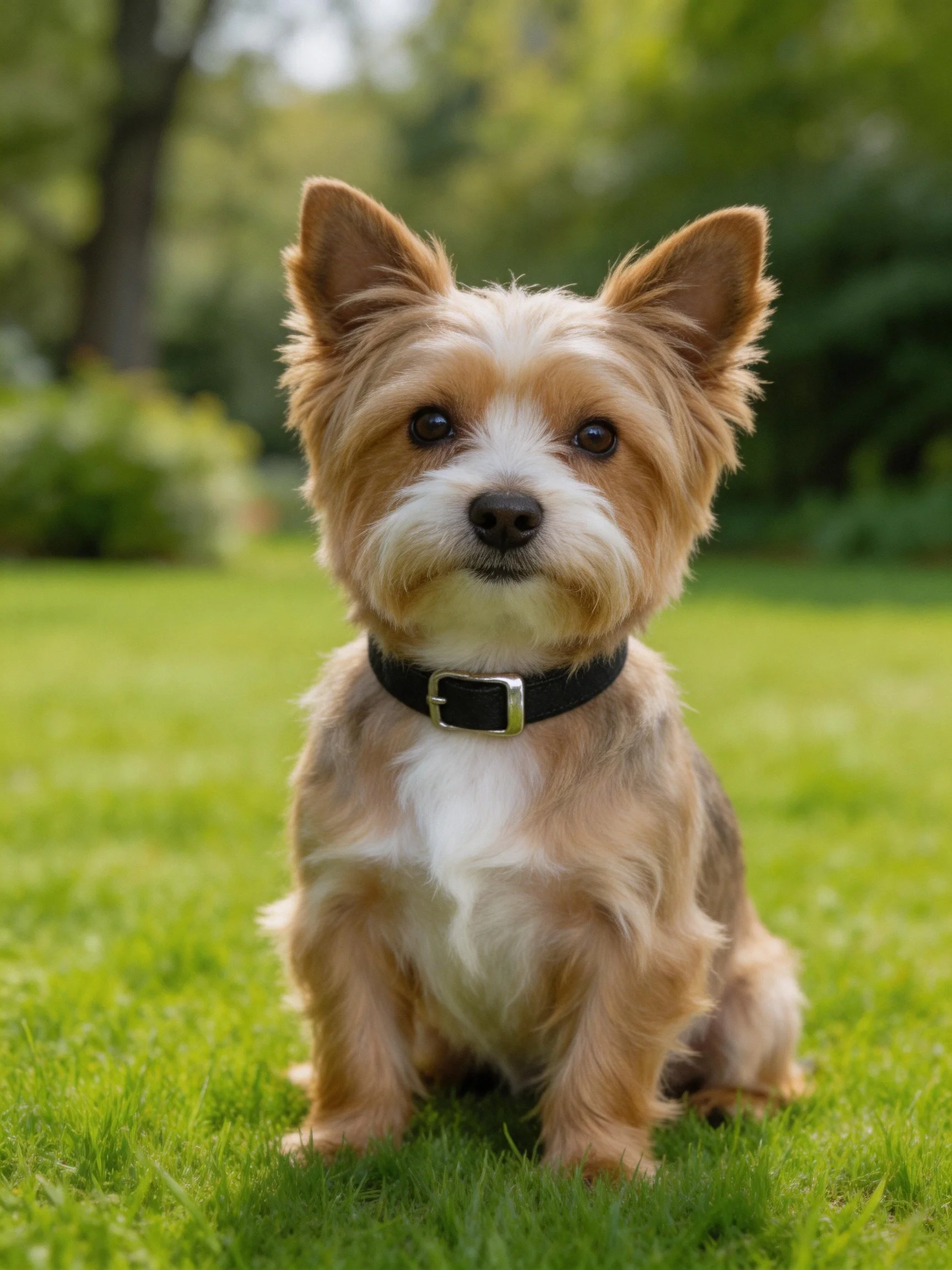 A small dog with brown and white fur sits calmly on green grass outdoors an outdoor setting.
