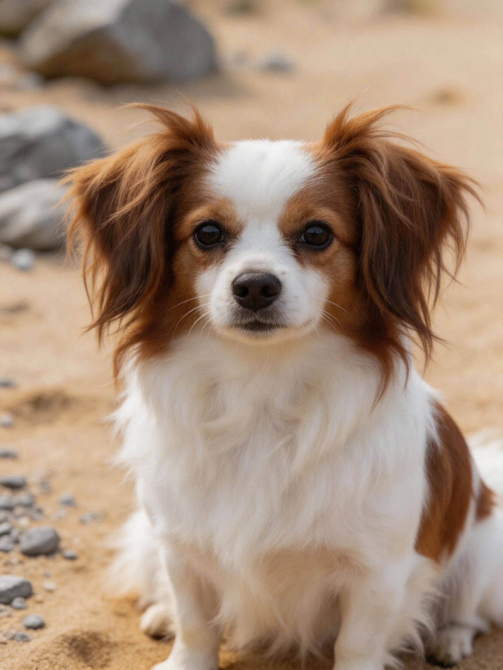 A small brown and white dog sits calmly on sandy terrain with rocks nearby.