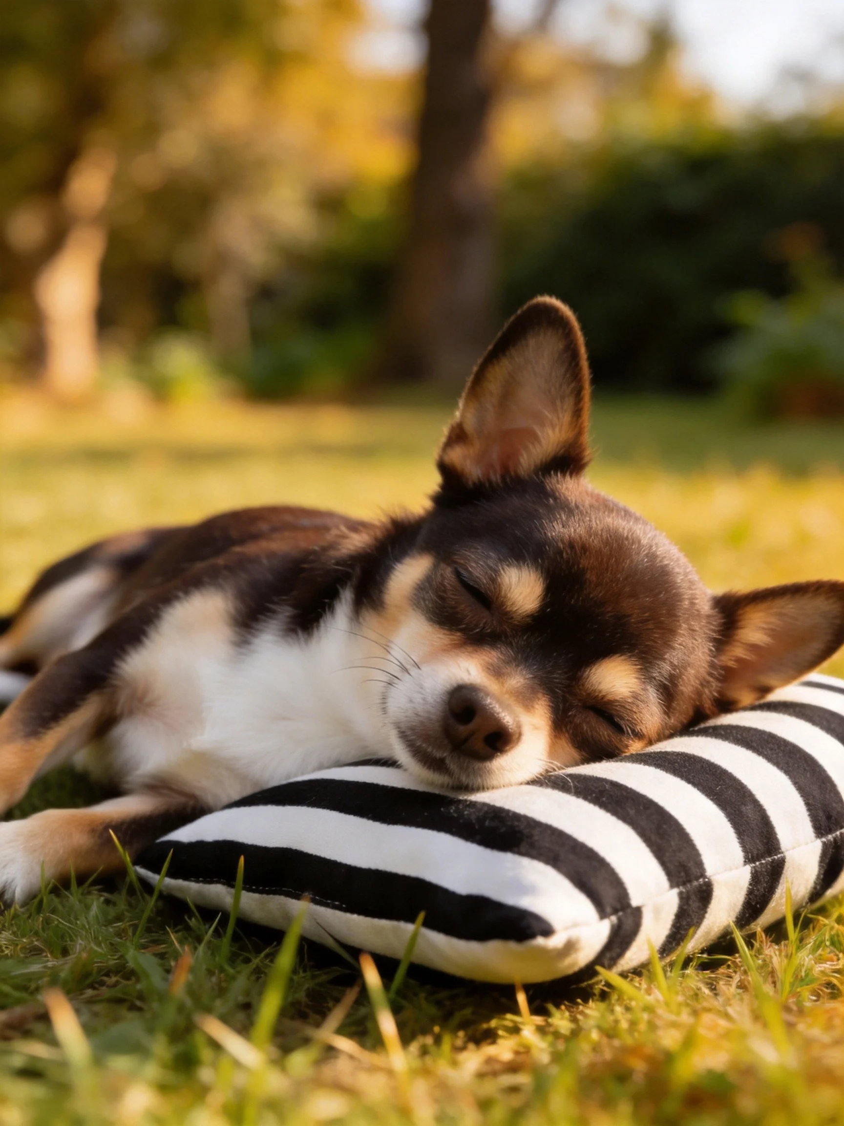A small brown and white dog sleeps on a black-and-white striped pillow outdoors