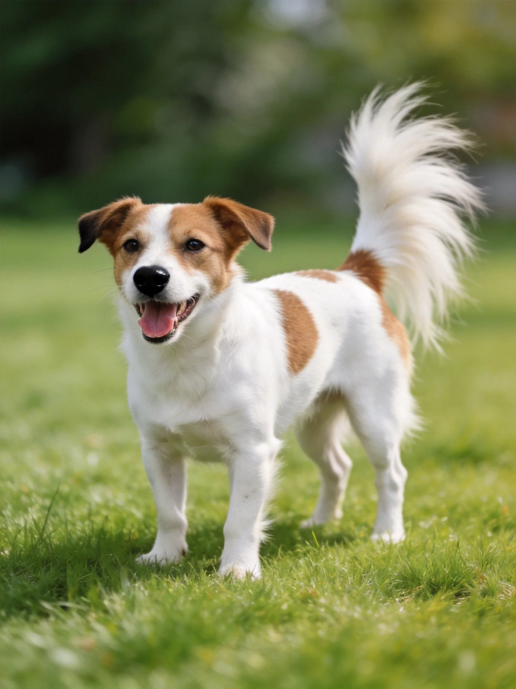 A cheerful small dog with brown and white fur stands on green grass.