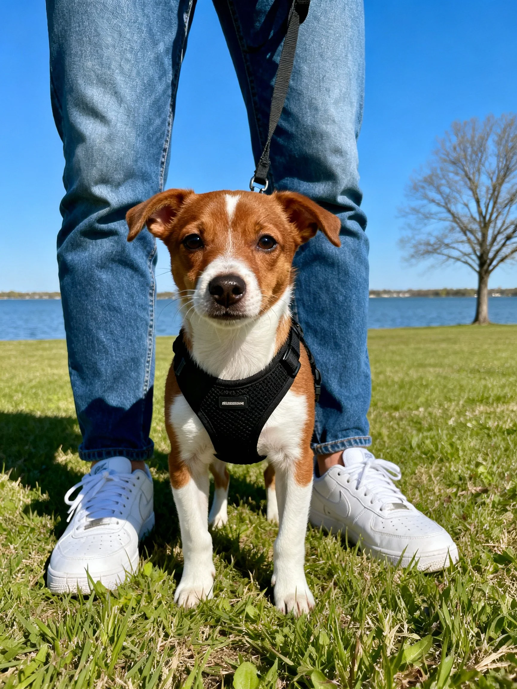 A small brown and white dog stands between someone’s legs in blue jeans and white sneakers near water.