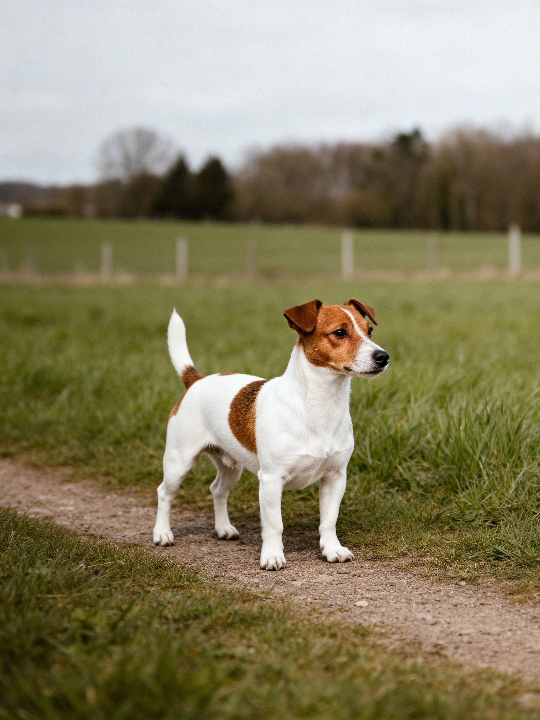 A small brown-and-white dog stands on a dirt path in a green field
