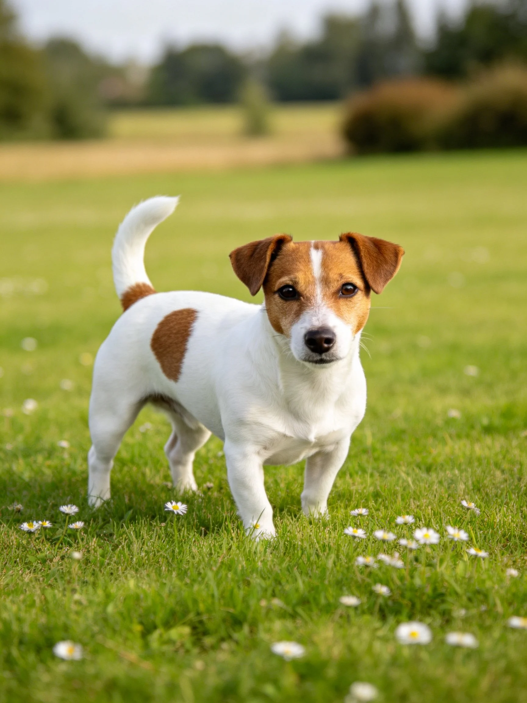 A small brownand white dog stands on a grassy field with white flowers.