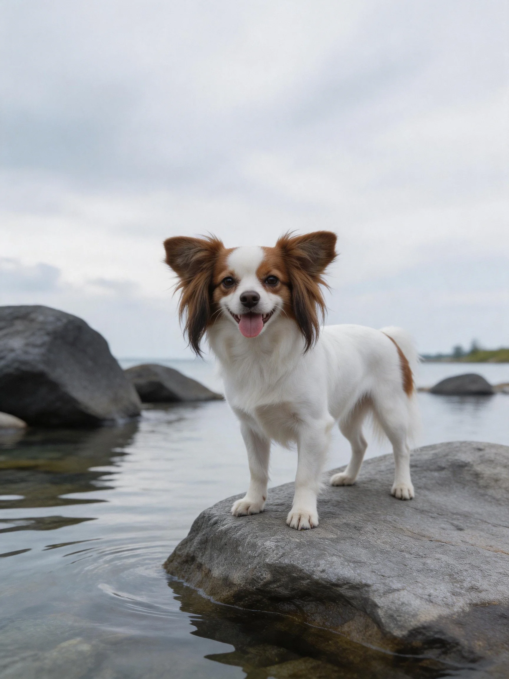 A small dog stands on a rock near water under an overcast sky.