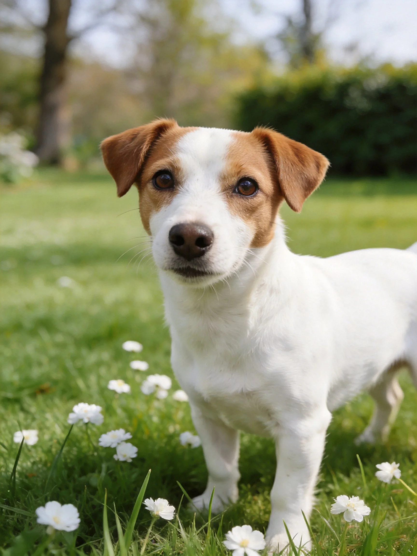 A small brown and white dog stands in a grassy area with white flowers.