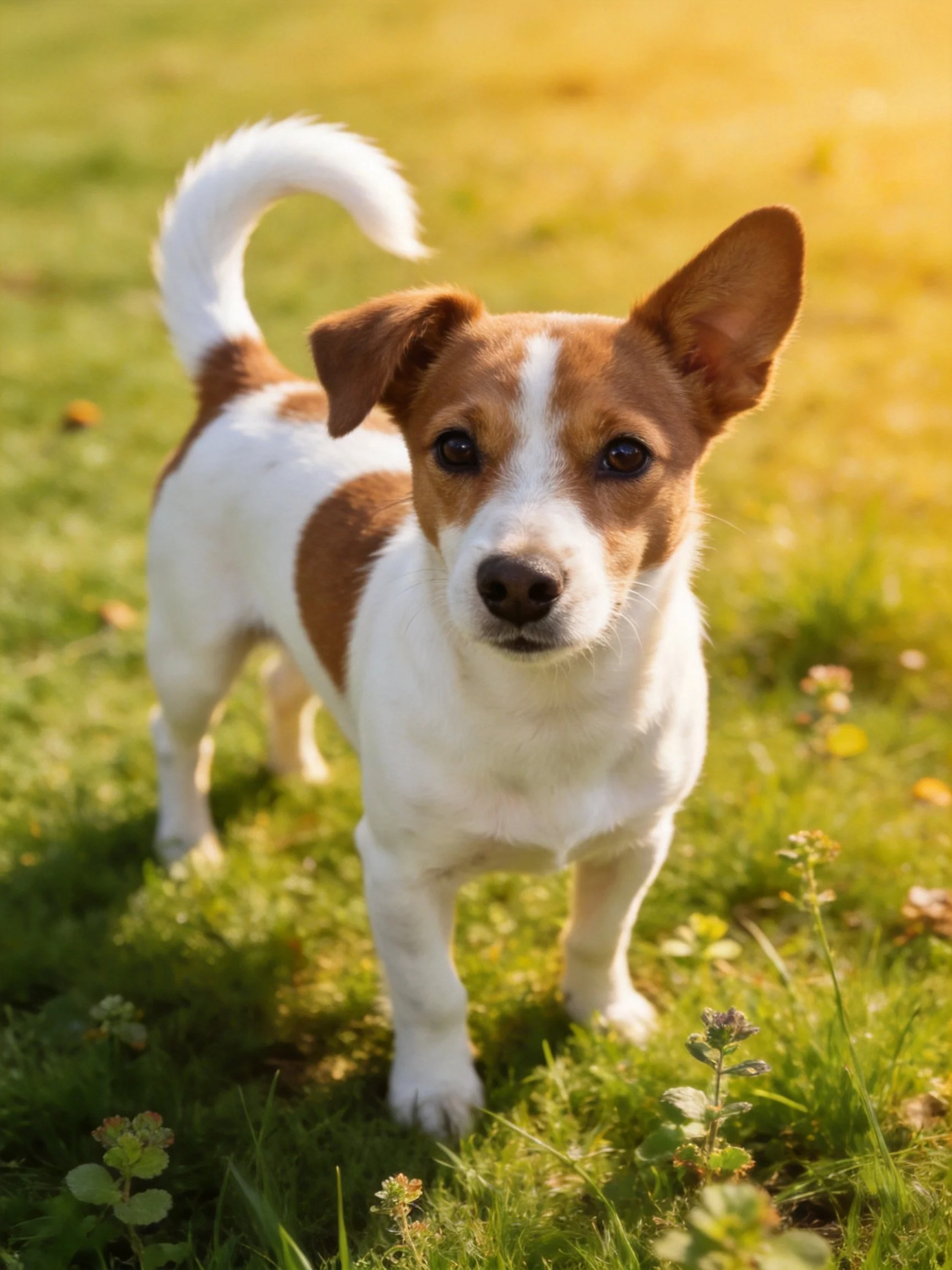A small brown and white dog stands attentively on grass in sunny conditions.