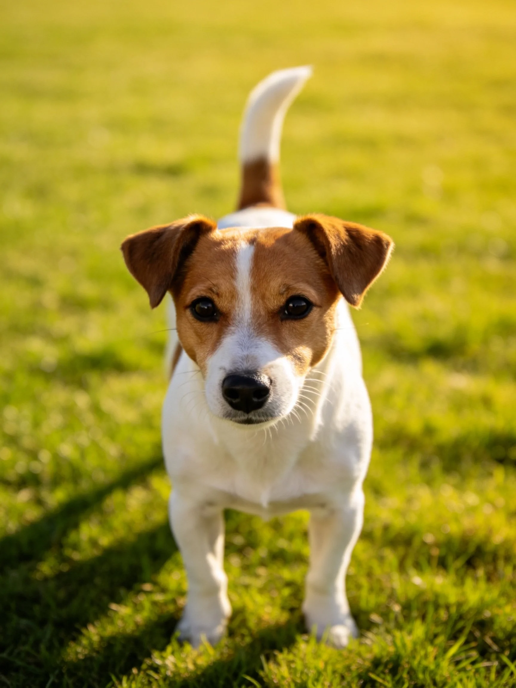 A small brown and white dog stands on green grass in bright sunlight