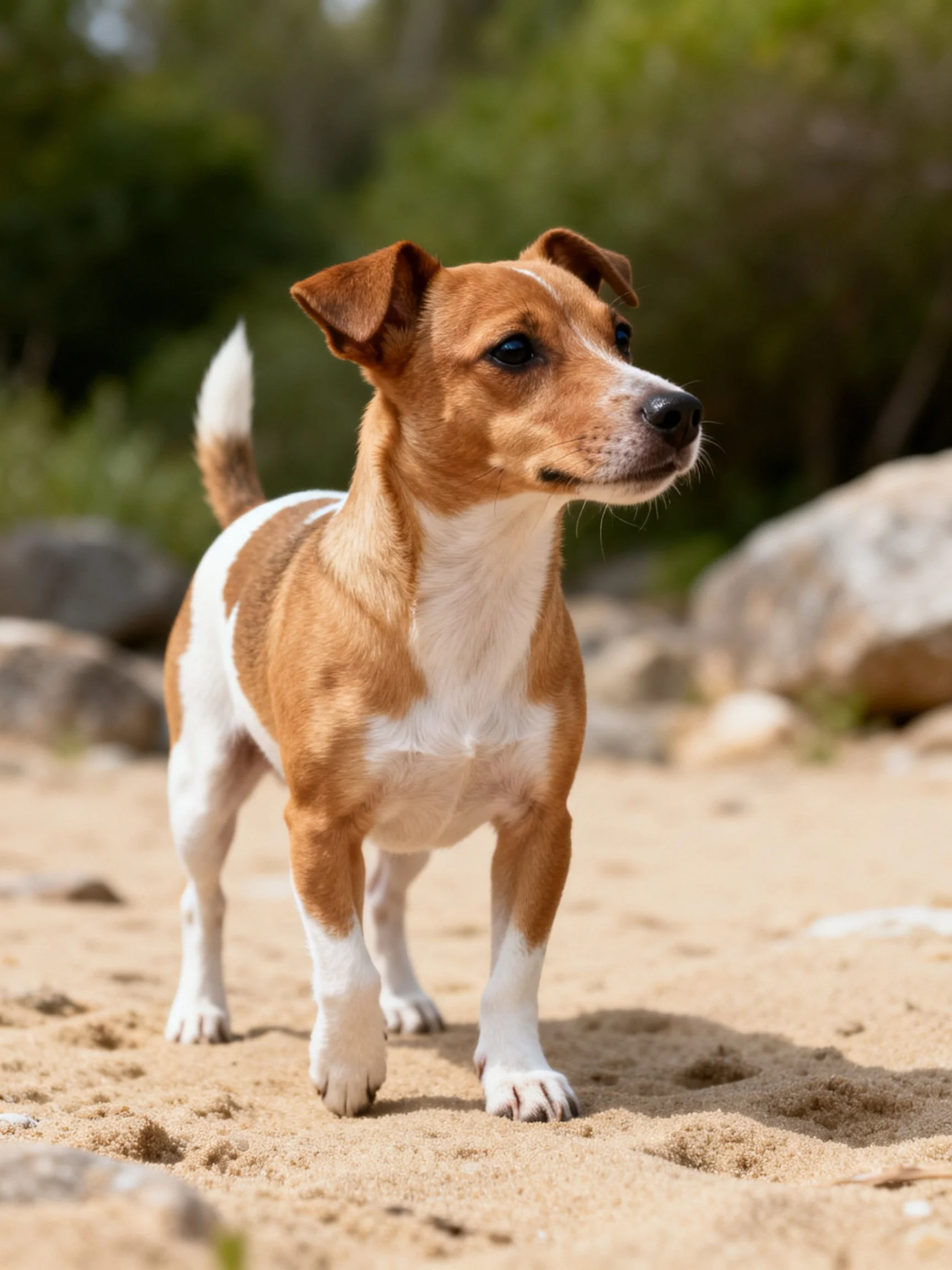 A small brown and white dog stands alertly on sandy terrain with rocks and trees in the background.