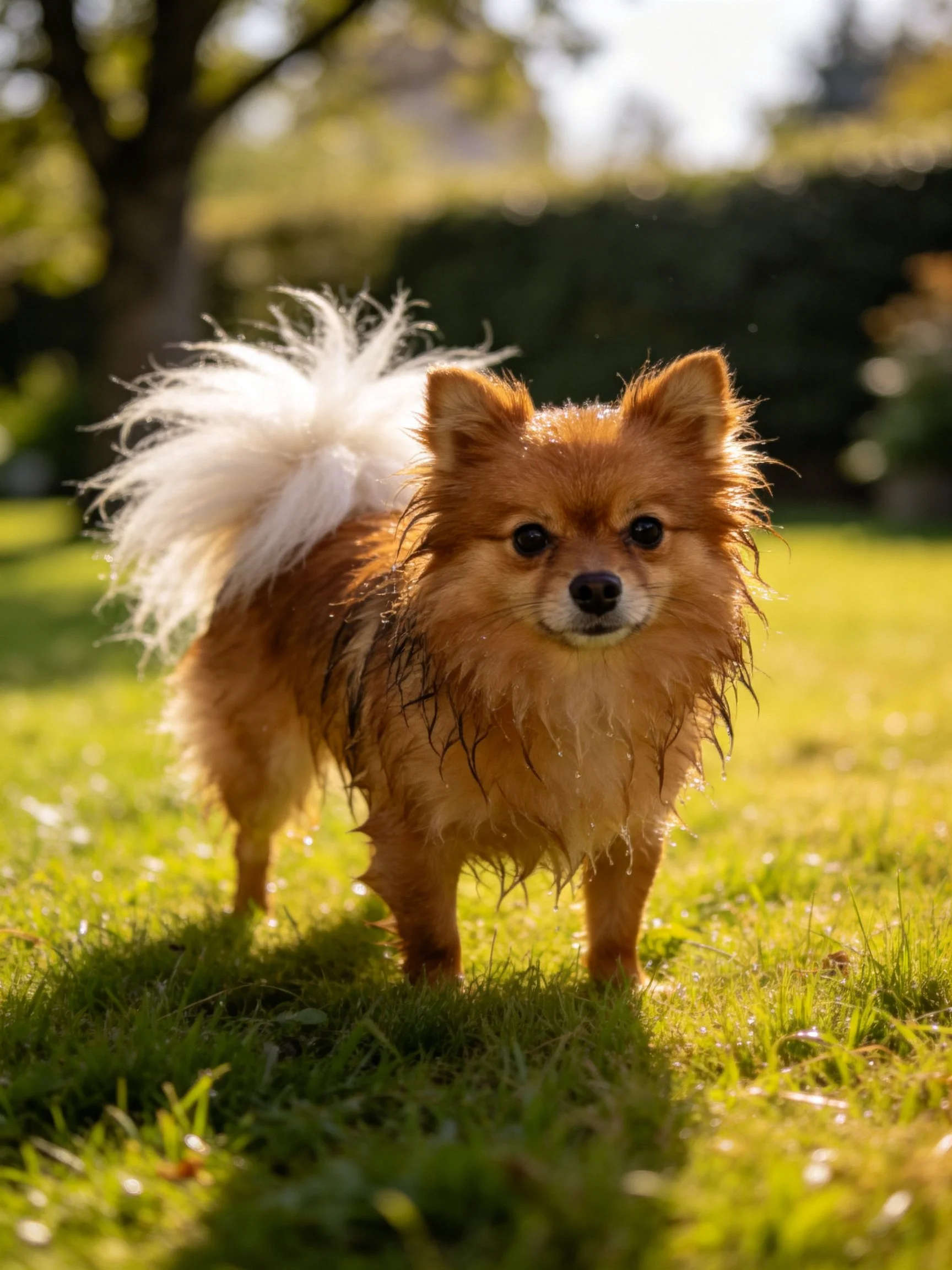 A small brown and white dog stands on damp grass in a sunlit outdoor setting.