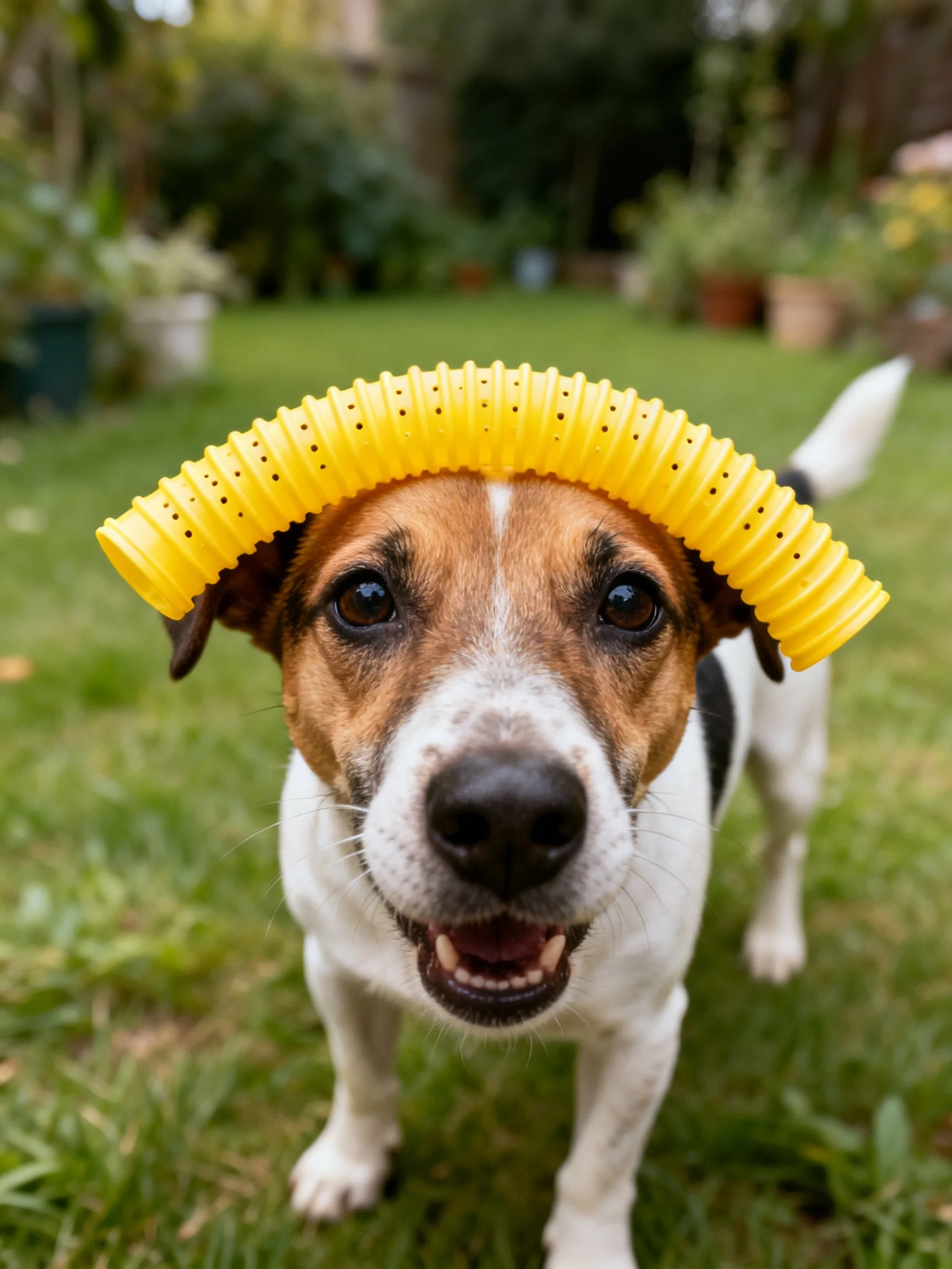 A small brown and white dog wearing a bright yellow plastic hair roller outdoors