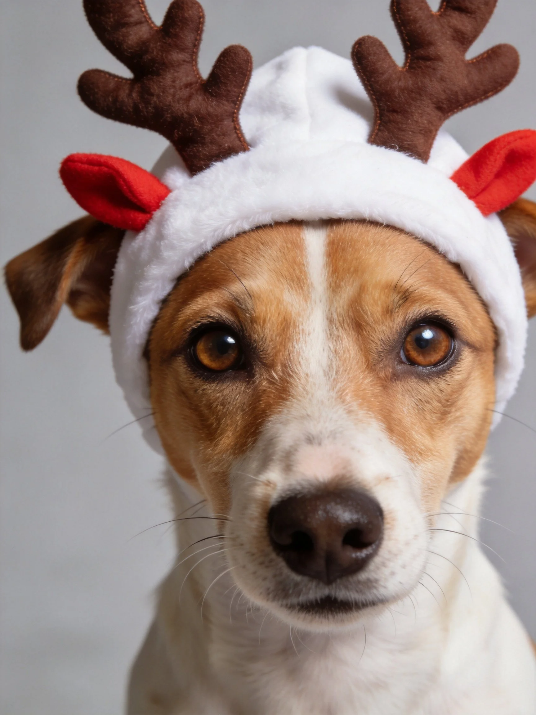 A small brown and white dog wears a festive white reindeer hat