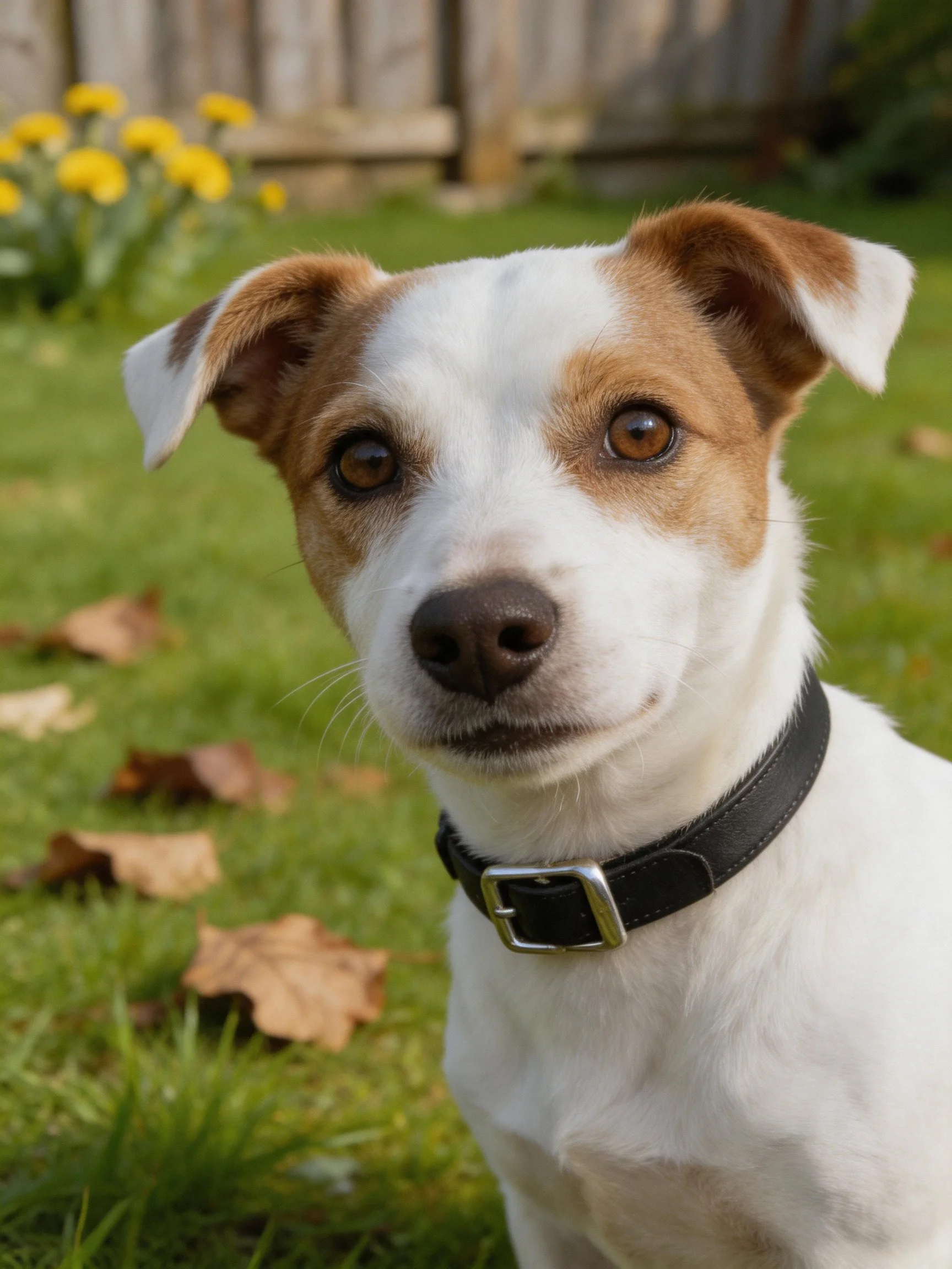 A small brown-and-white dog with a black collar is in a grassy area with scattered leaves and flowers.