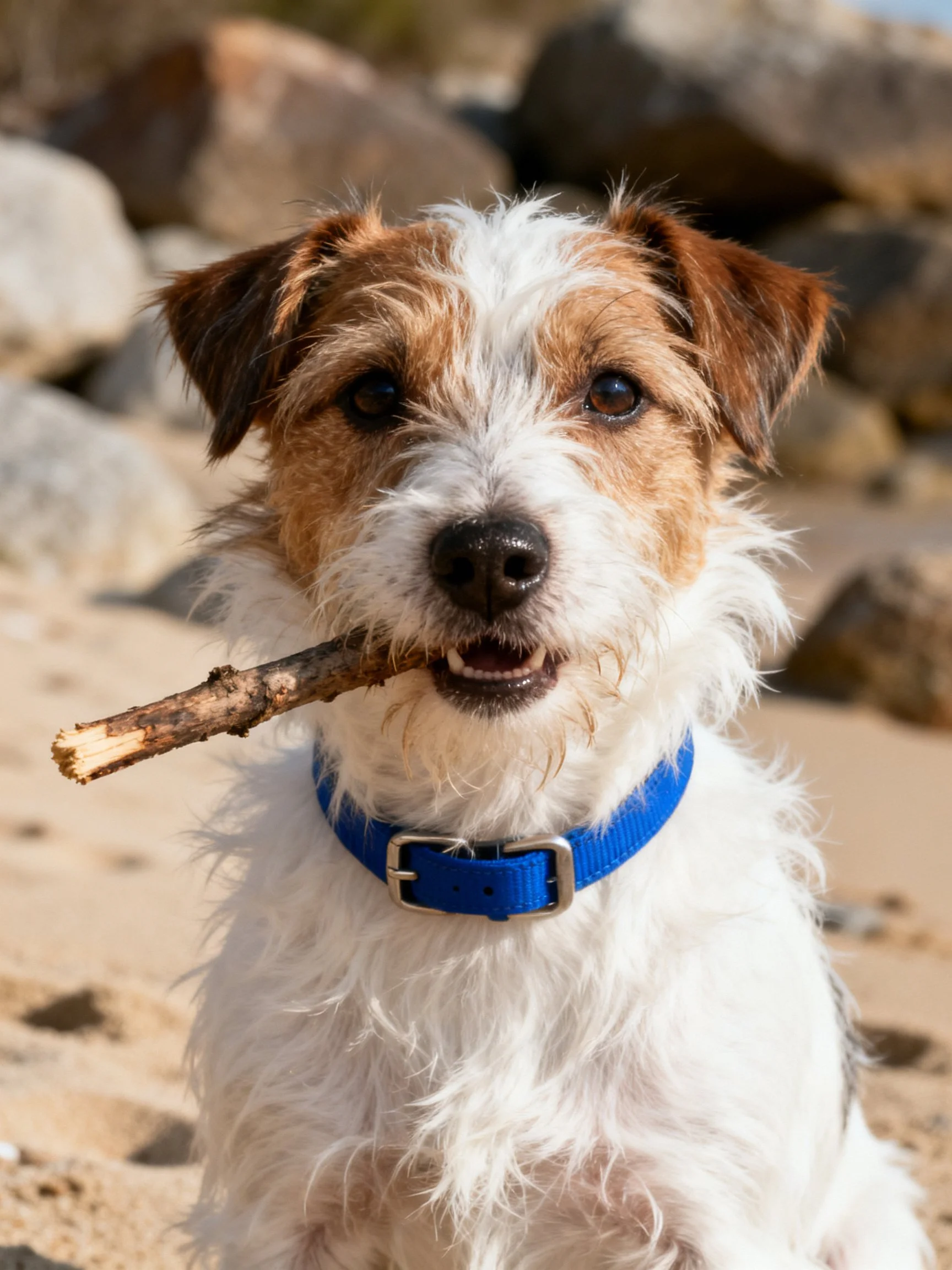A small brown and white dog with a blue collar holds a stick near rocky terrain.