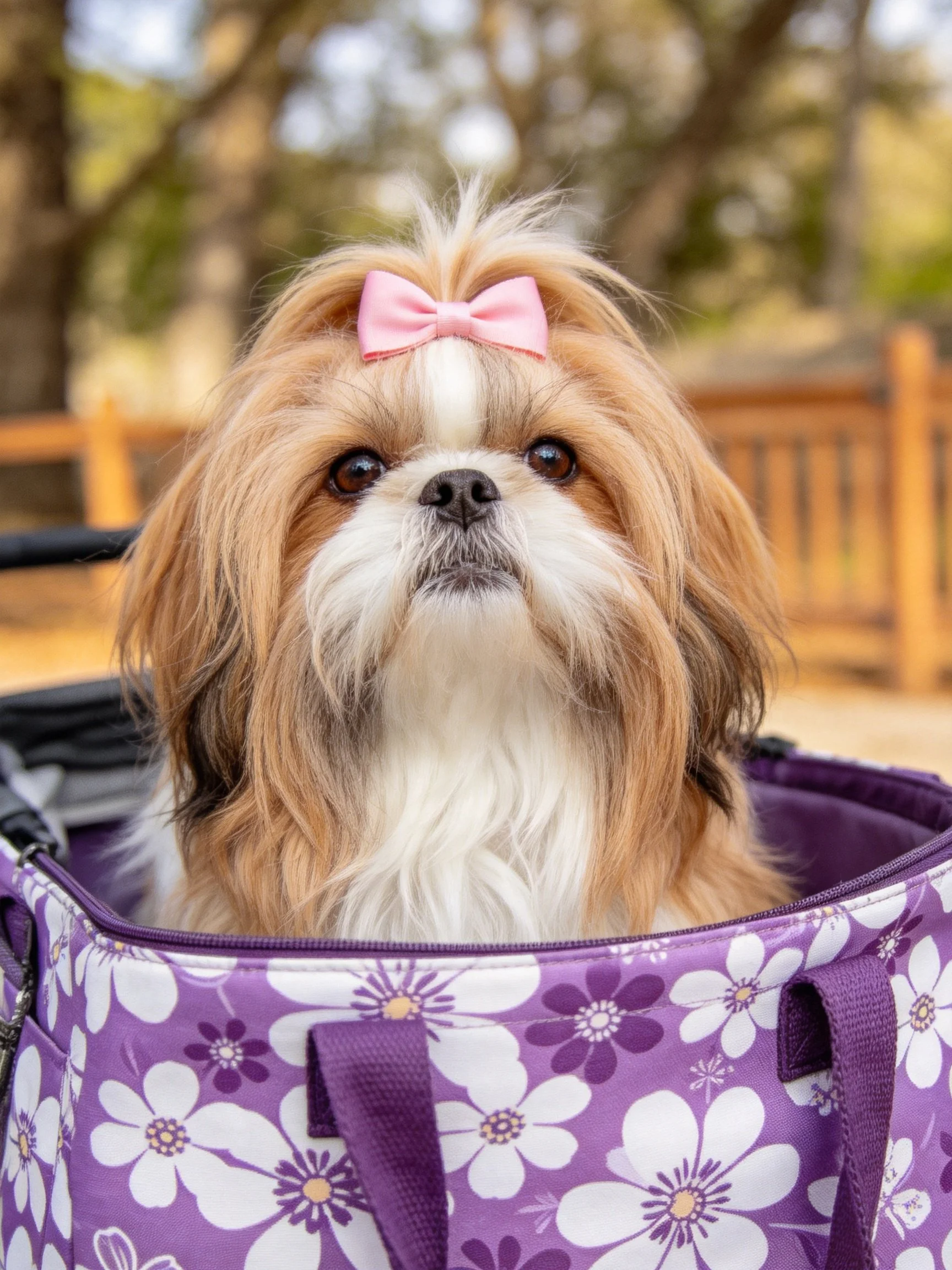 A small dog with a pink bow sits inside a purple flower-patterned bag outdoors