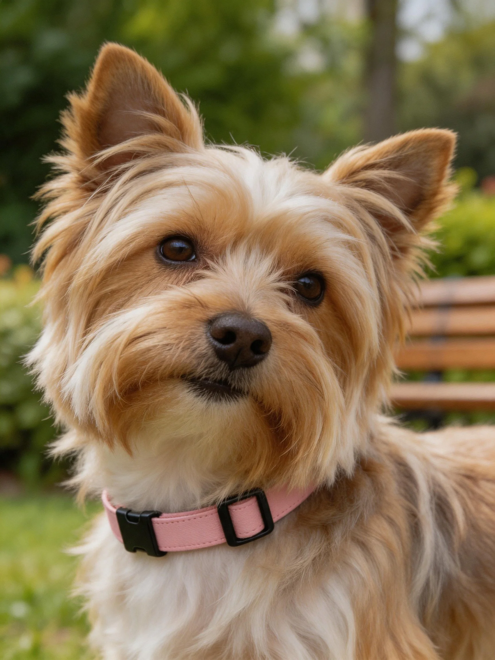 A small brown and white dog with a pink collar is in a park setting.