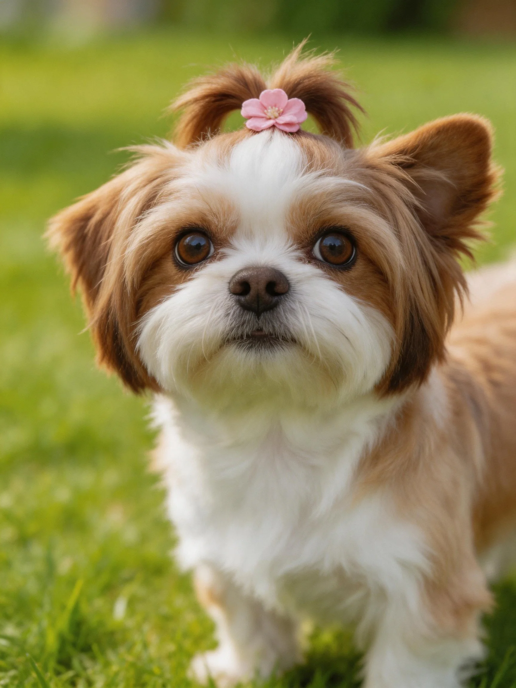 A small brown and white dog with a pink flower accessory stands on green grass.