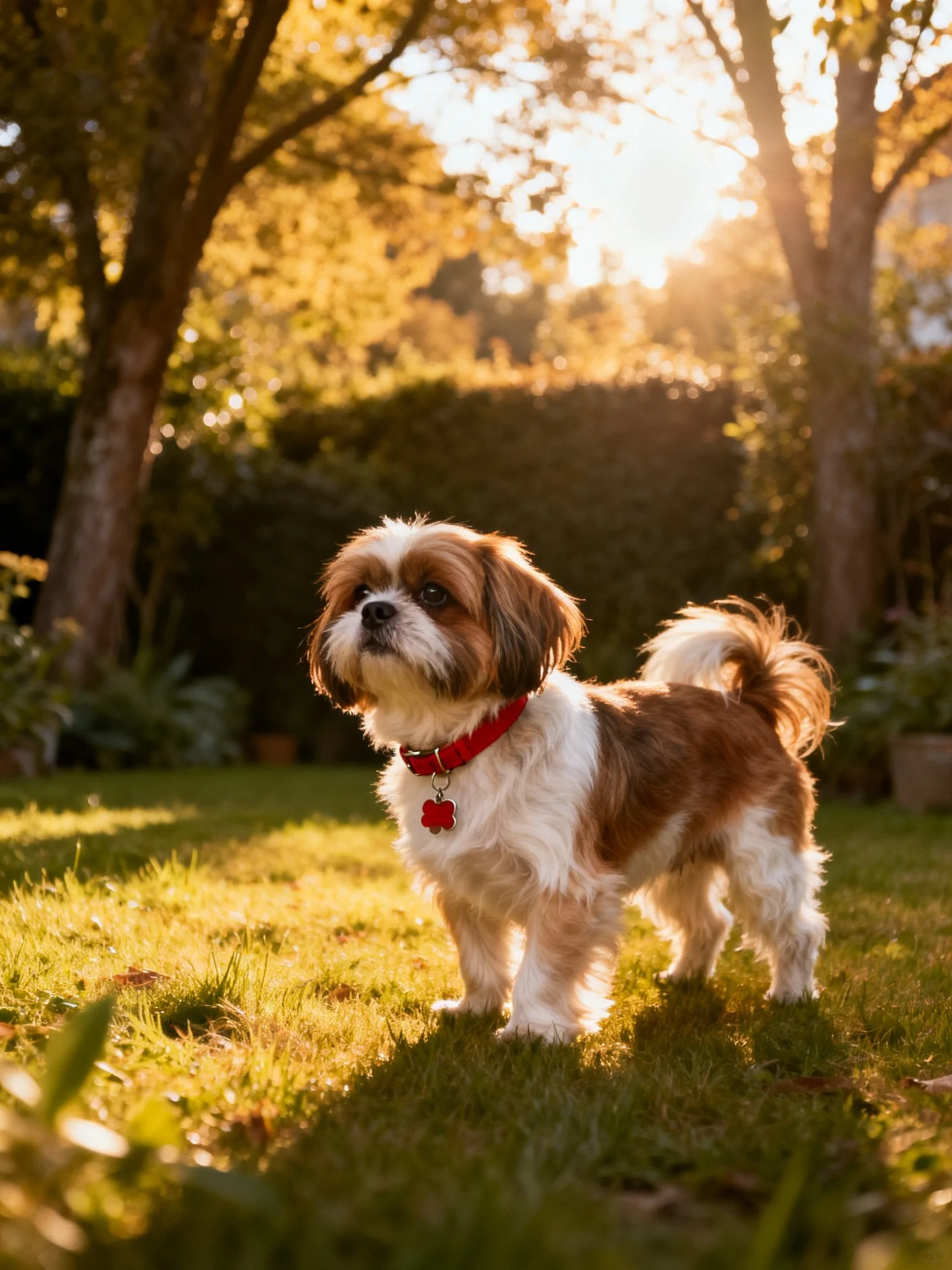 A small brown and white dog with a red collar stands in a sunlit garden.