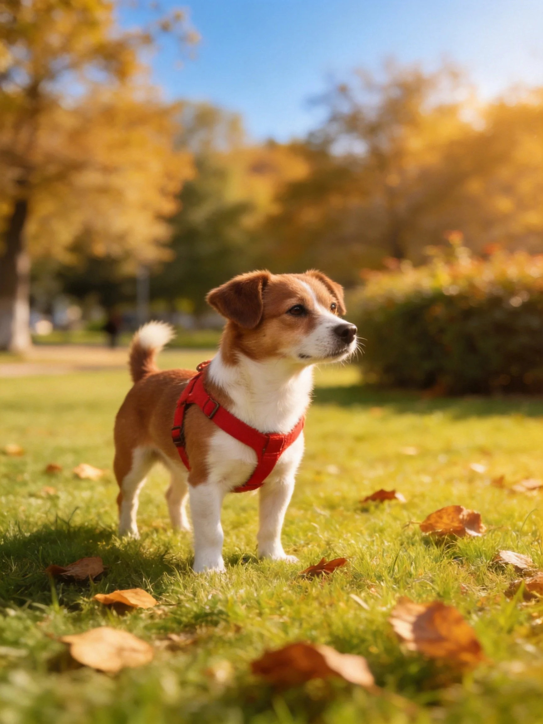 A small brown and white dog stands on grass with fallen leaves in a sunlit autumn park.