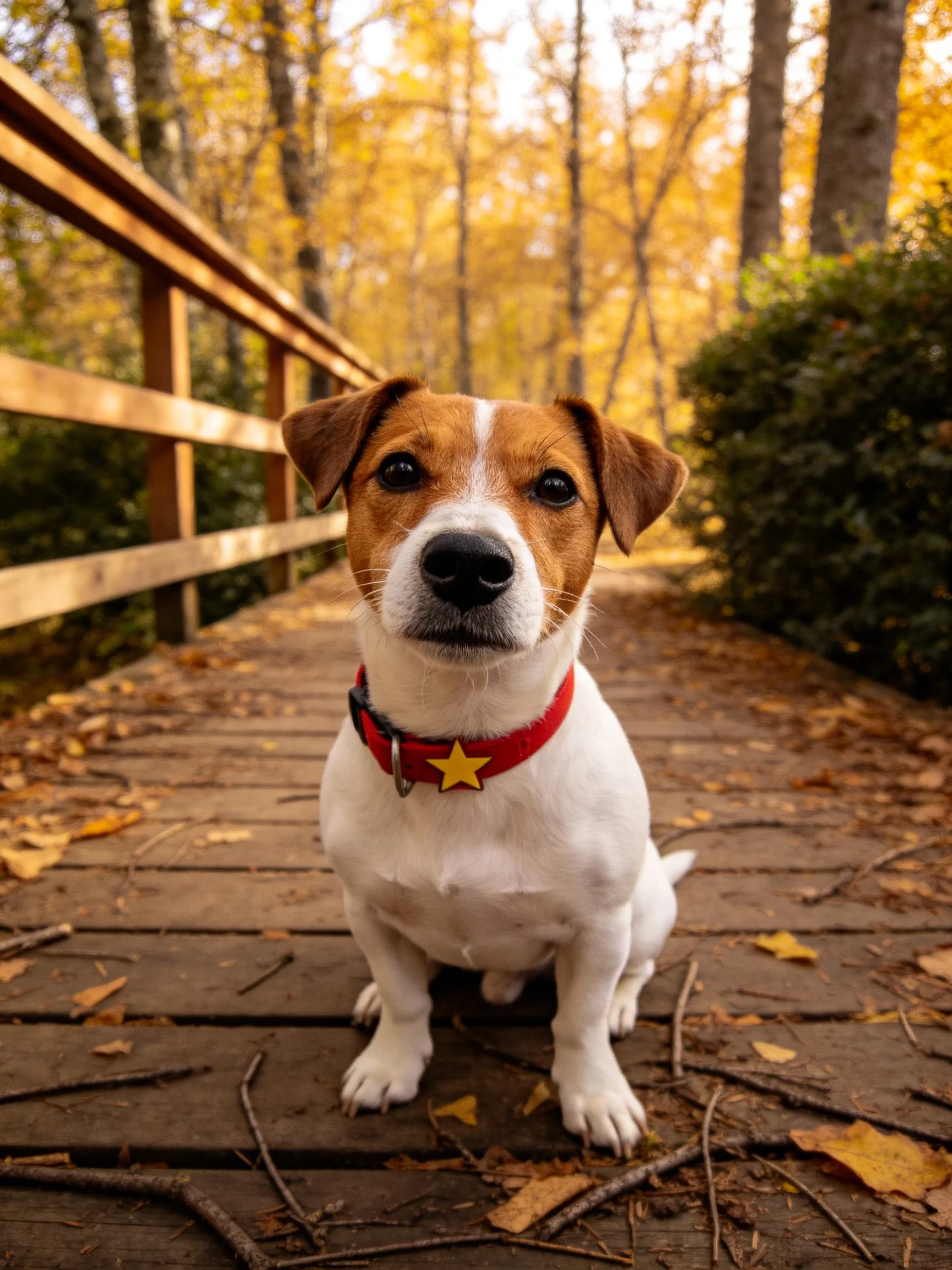 A small dog with a red collar sits on a wooden bridge amid autumn scenery.
