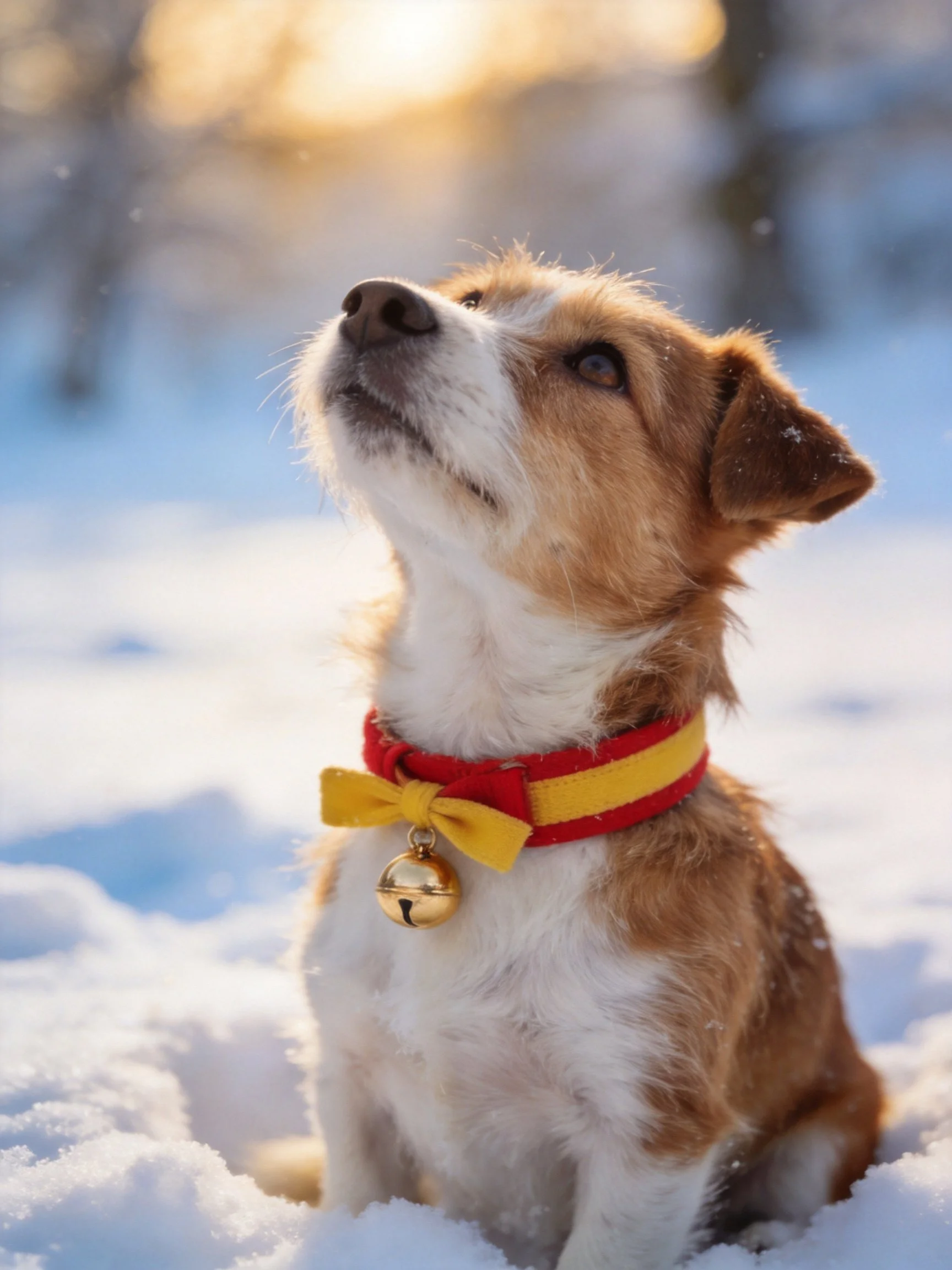 A small brown and white dog with a colorful collar sits in snow, gazing upward.