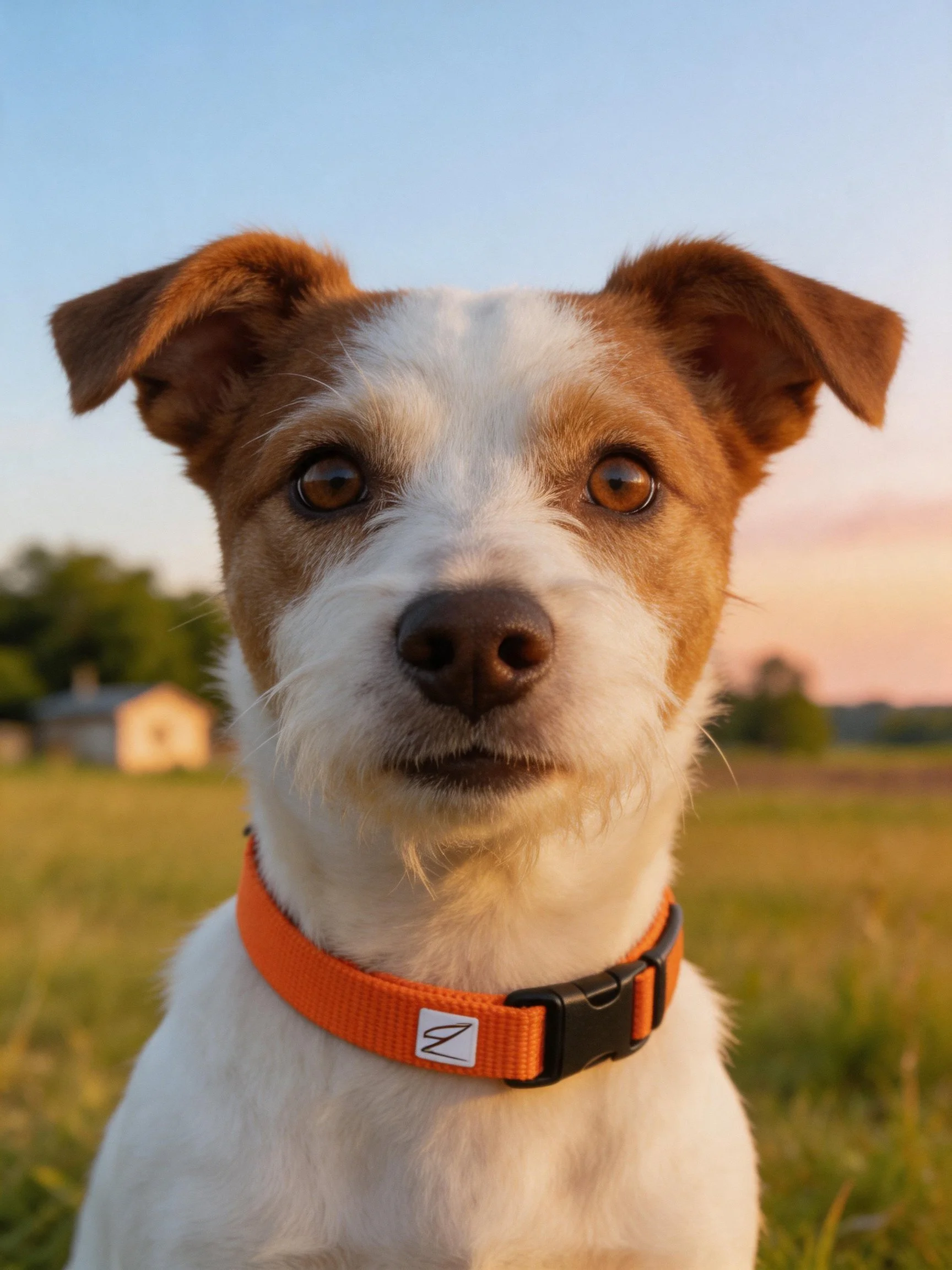 A small brown and white dog with an orange collar is in a grassy outdoor setting.