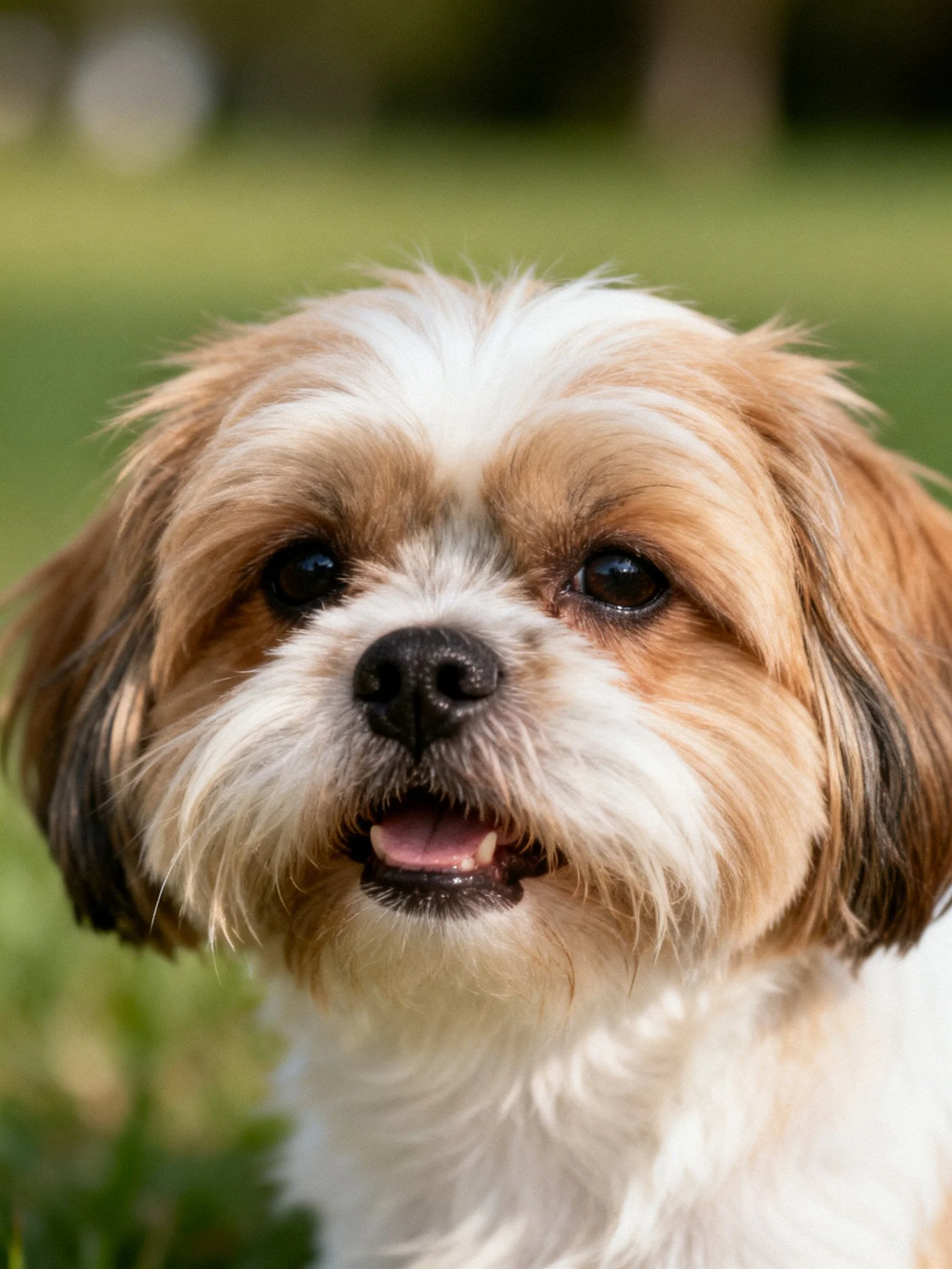 A small brown and white dog with bright eyes is photographed outdoors near greenery.