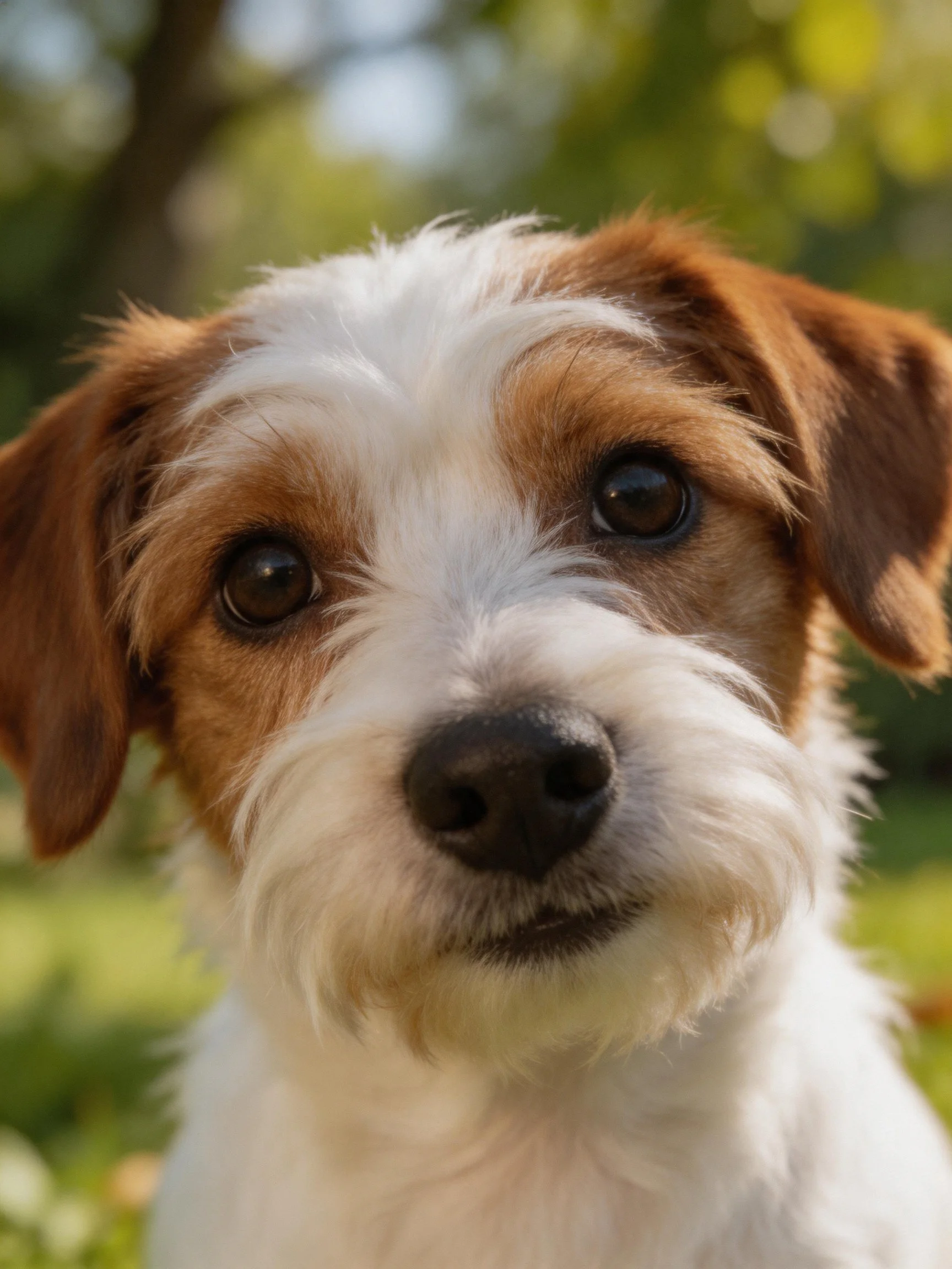 A small brown and white dog gazes directly at the camera in a sunlit outdoor area.