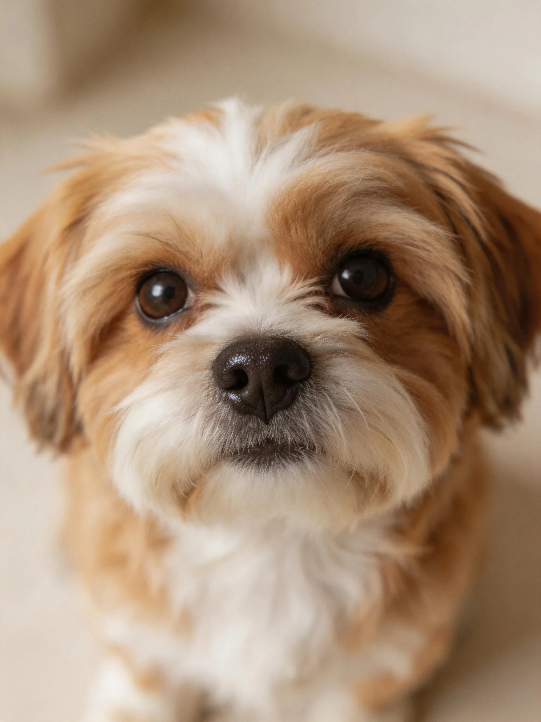 A small brown and white dog looks directly at the camera with large dark eyes.