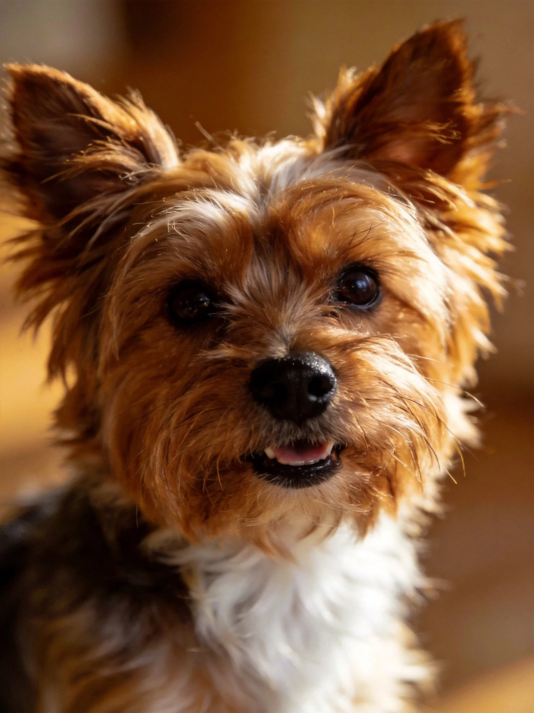 A small brown and white dog with upright ears looks directly at the camera.