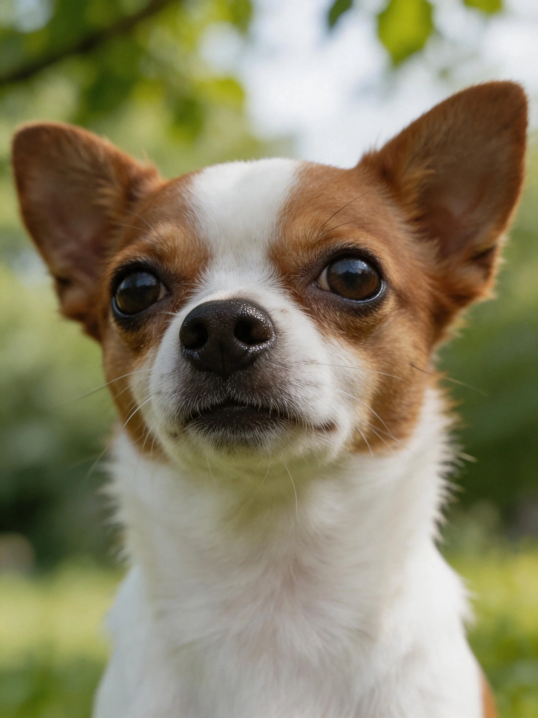 A small brown and white dog with upright ears stands in a green outdoor area.