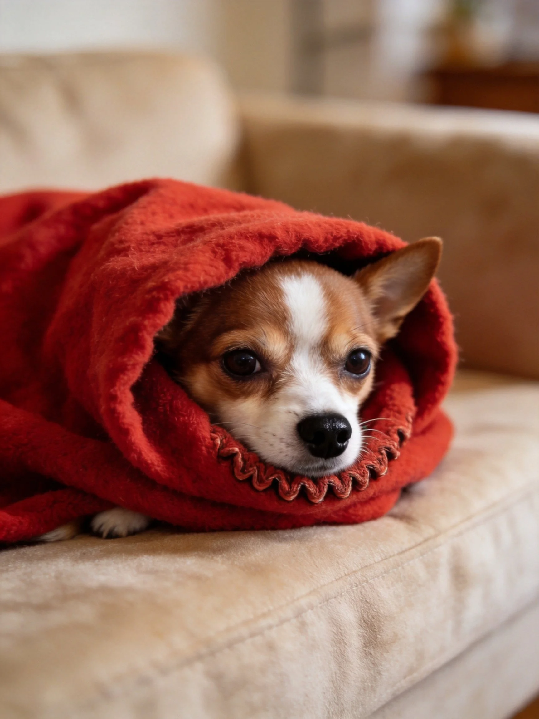 A small dog wrapped in a red blanket rests on a beige couch.