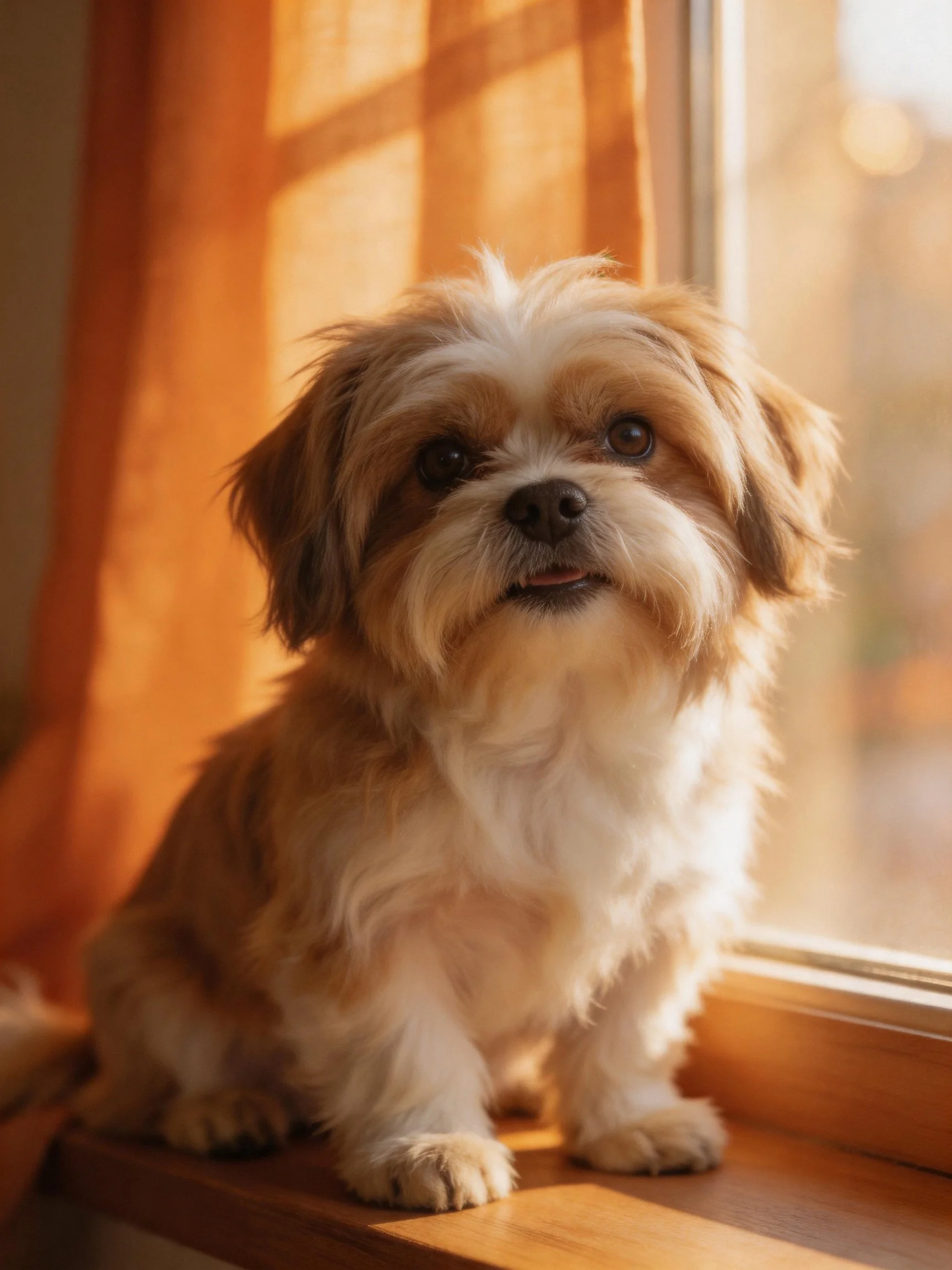 A small brown and white dog sits calmly by a sunlit window with orange curtains