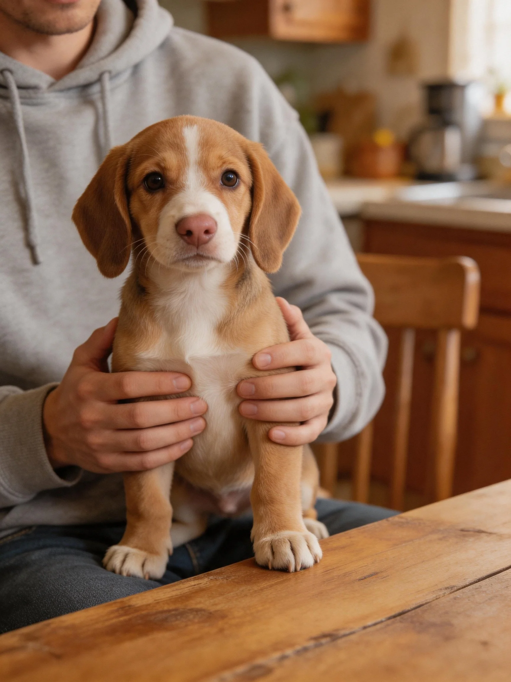 Someone holds a small brown and white puppy in a cozy kitchen setting