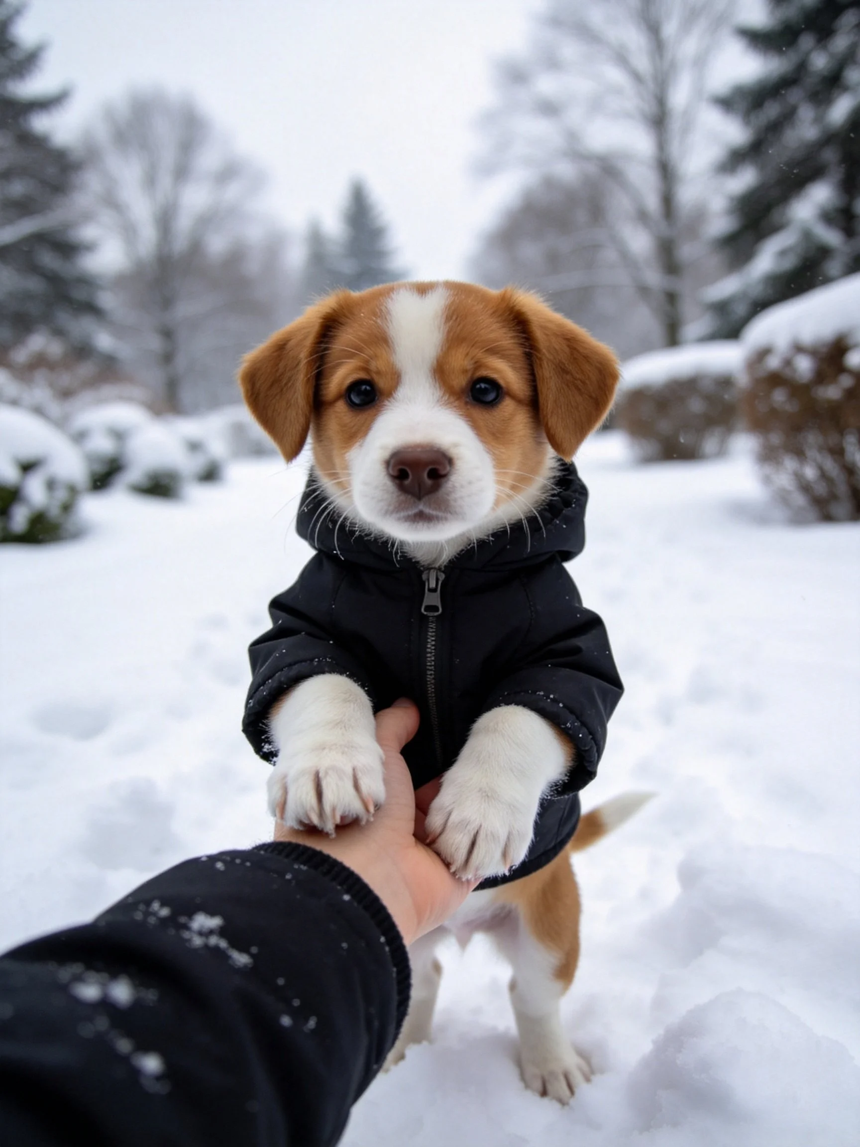 A small dog in a black jacket interacts with a hand in a snowy setting.