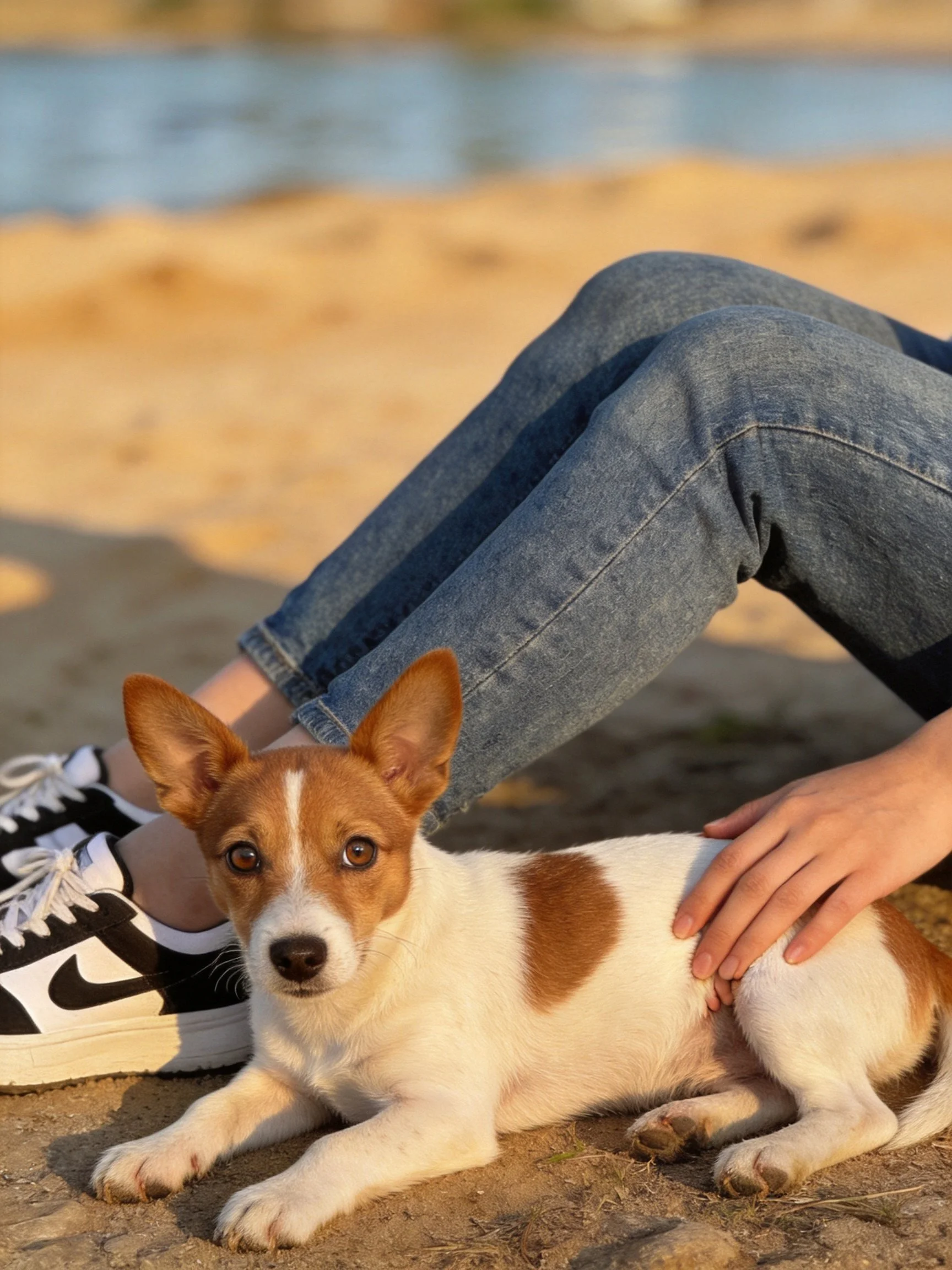 A small brown and white puppy rests beside someone in blue jeans and black sneakers.