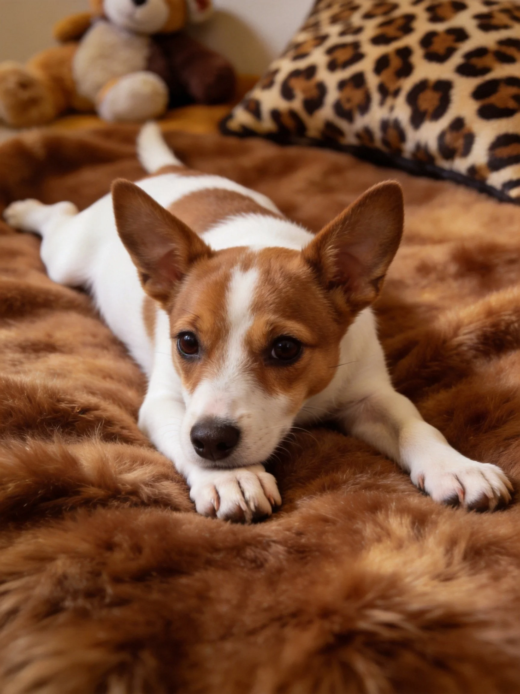 A small brown and white puppy relaxes on a soft brown blanket with toys nearby.