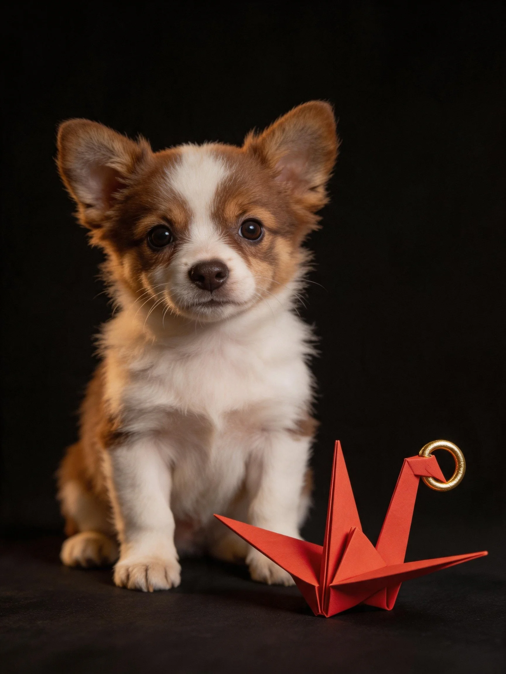 A small brown and white puppy sits near a red origami crane on a dark surface.