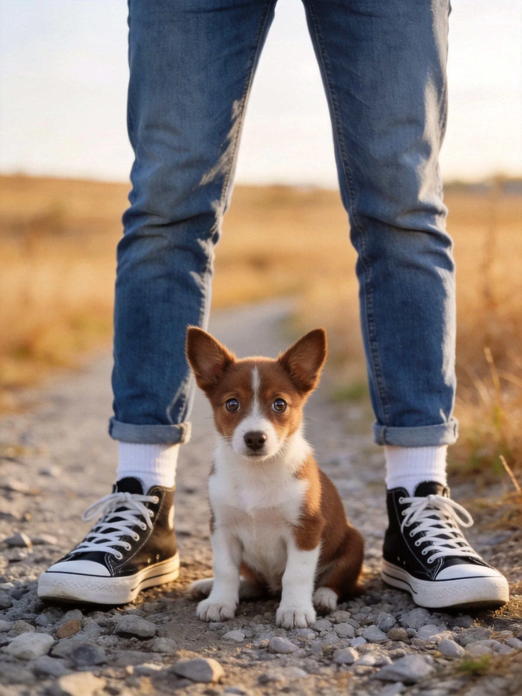 A small brown and white puppy sits between a person’s legs on a gravel path.