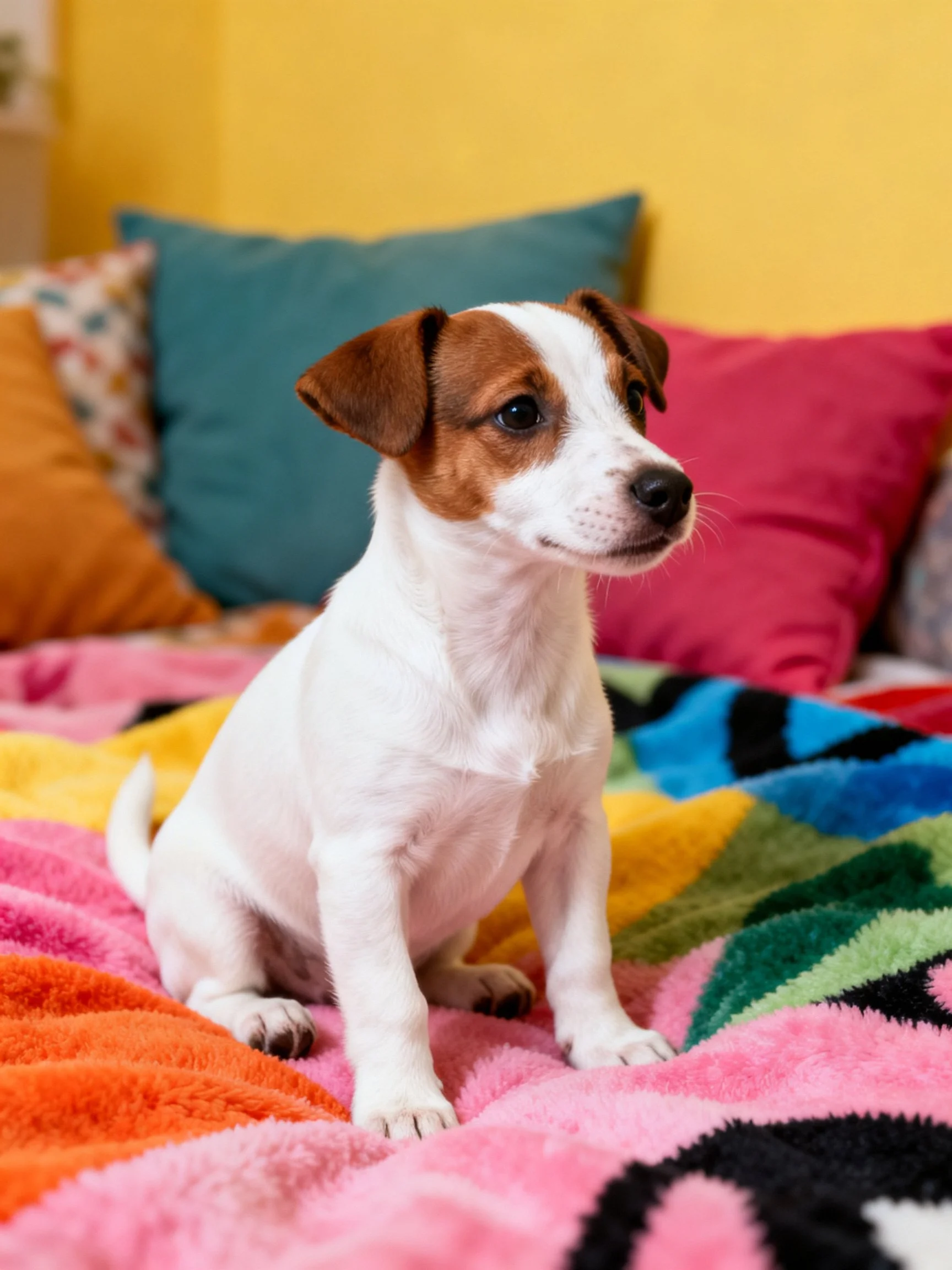 A small brown-and-white puppy sits on a colorful blanket surrounded by decorative pillows.